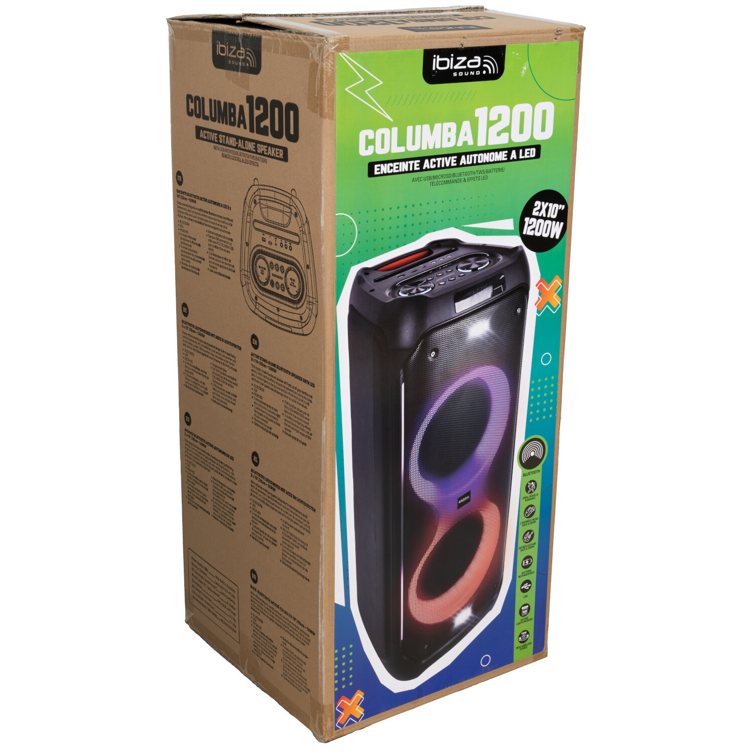 Scatola di un altoparlante attivo Ibiza Sounds con effetti LED.