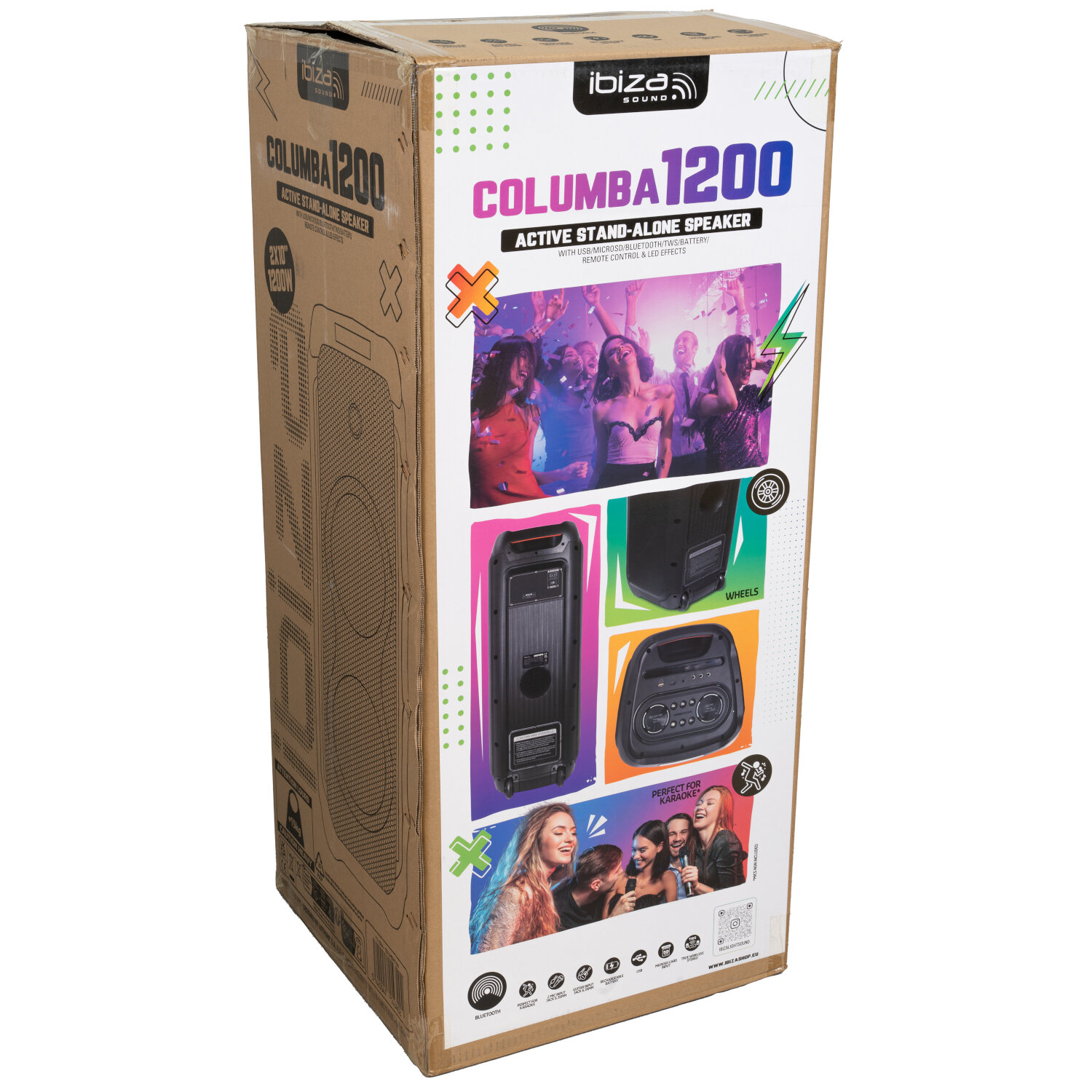 Scatola di un altoparlante Ibiza Sound COLUMBA 1200, con persone che ballano e l'unità dell'altoparlante.