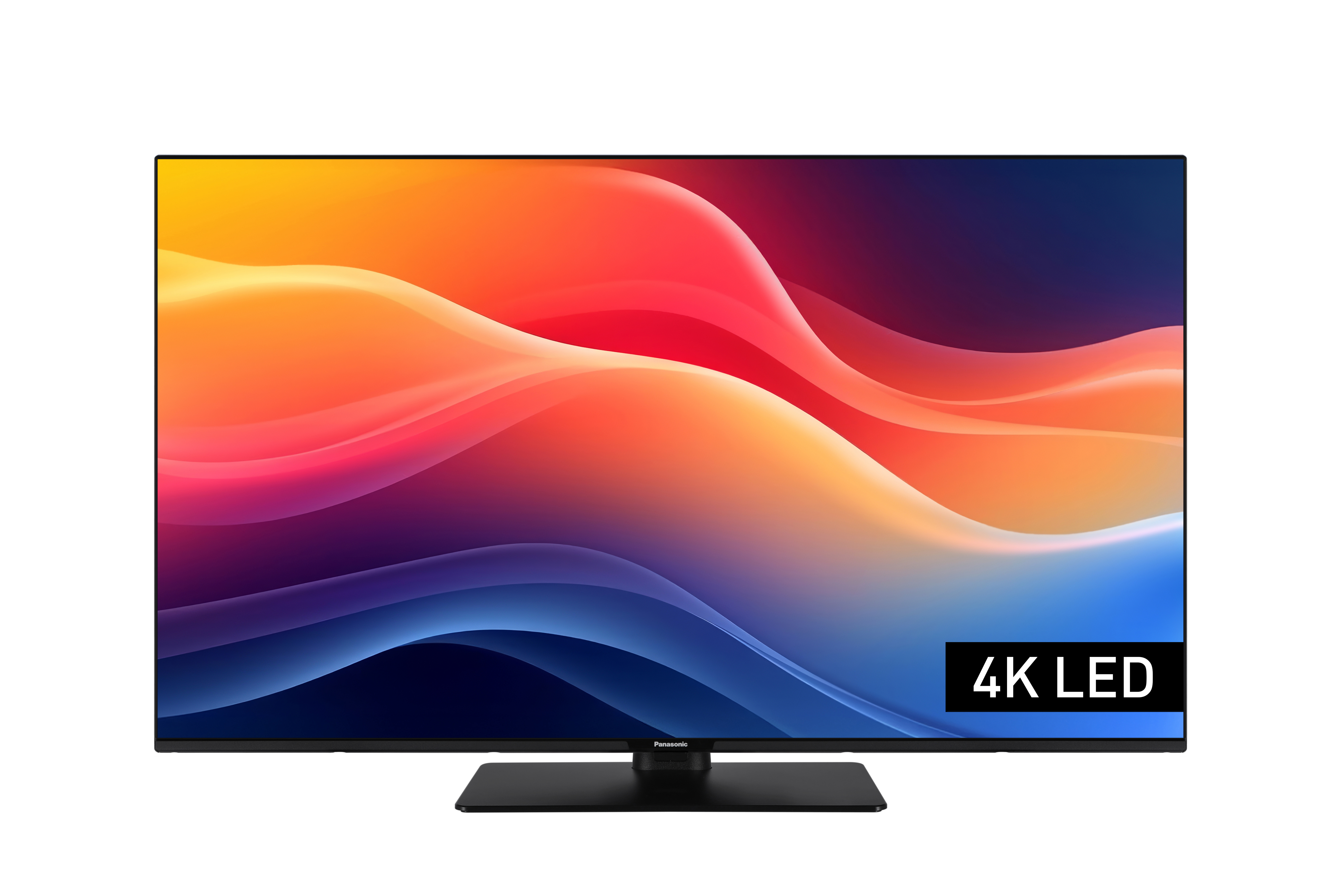 Ein Panasonic 4K LED Fernseher mit einem bunten, abstrakten Hintergrund.