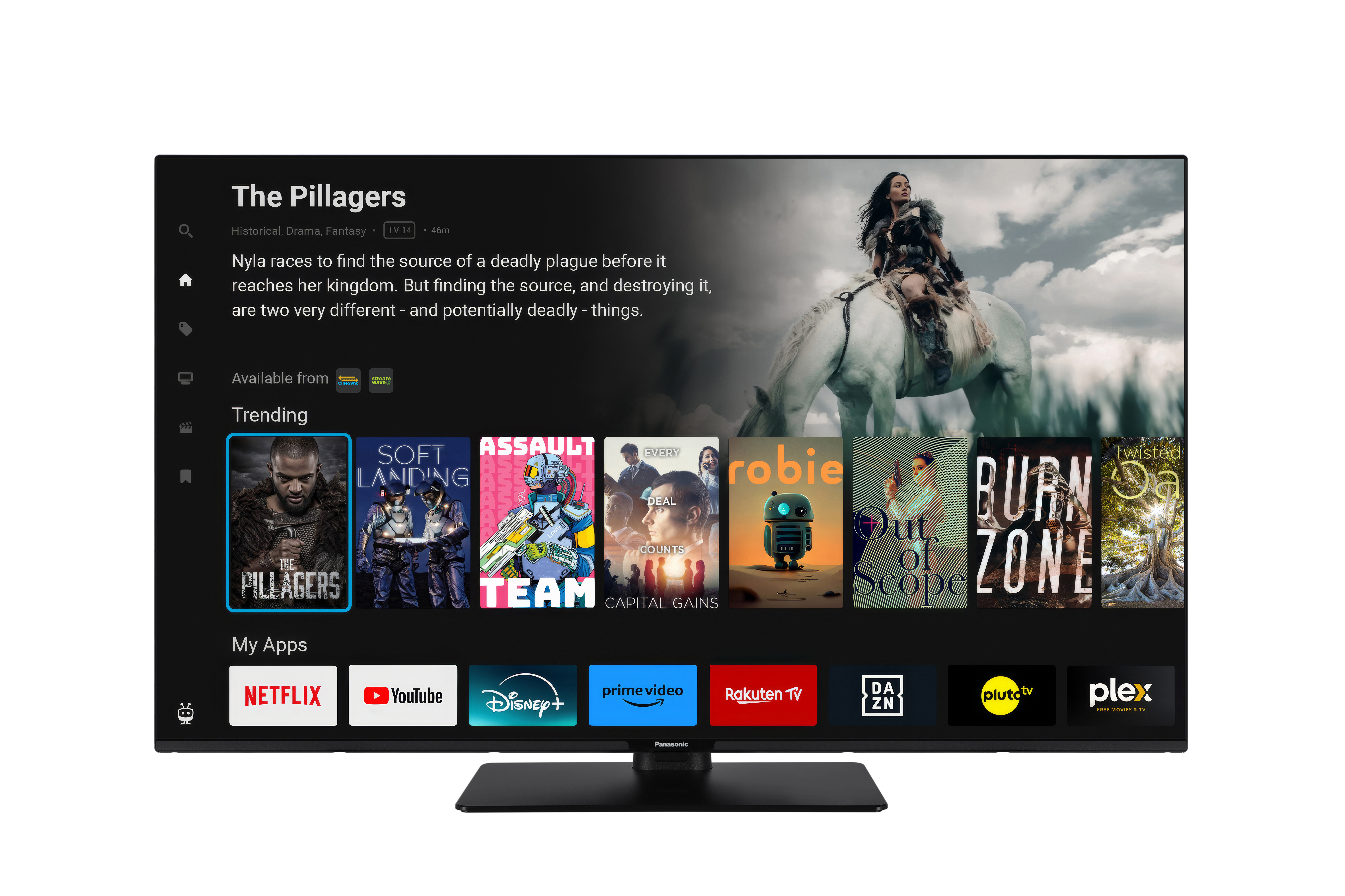Ein Fernsehbildschirm zeigt die Benutzeroberfläche einer Streaming-App mit Filmtrailern.