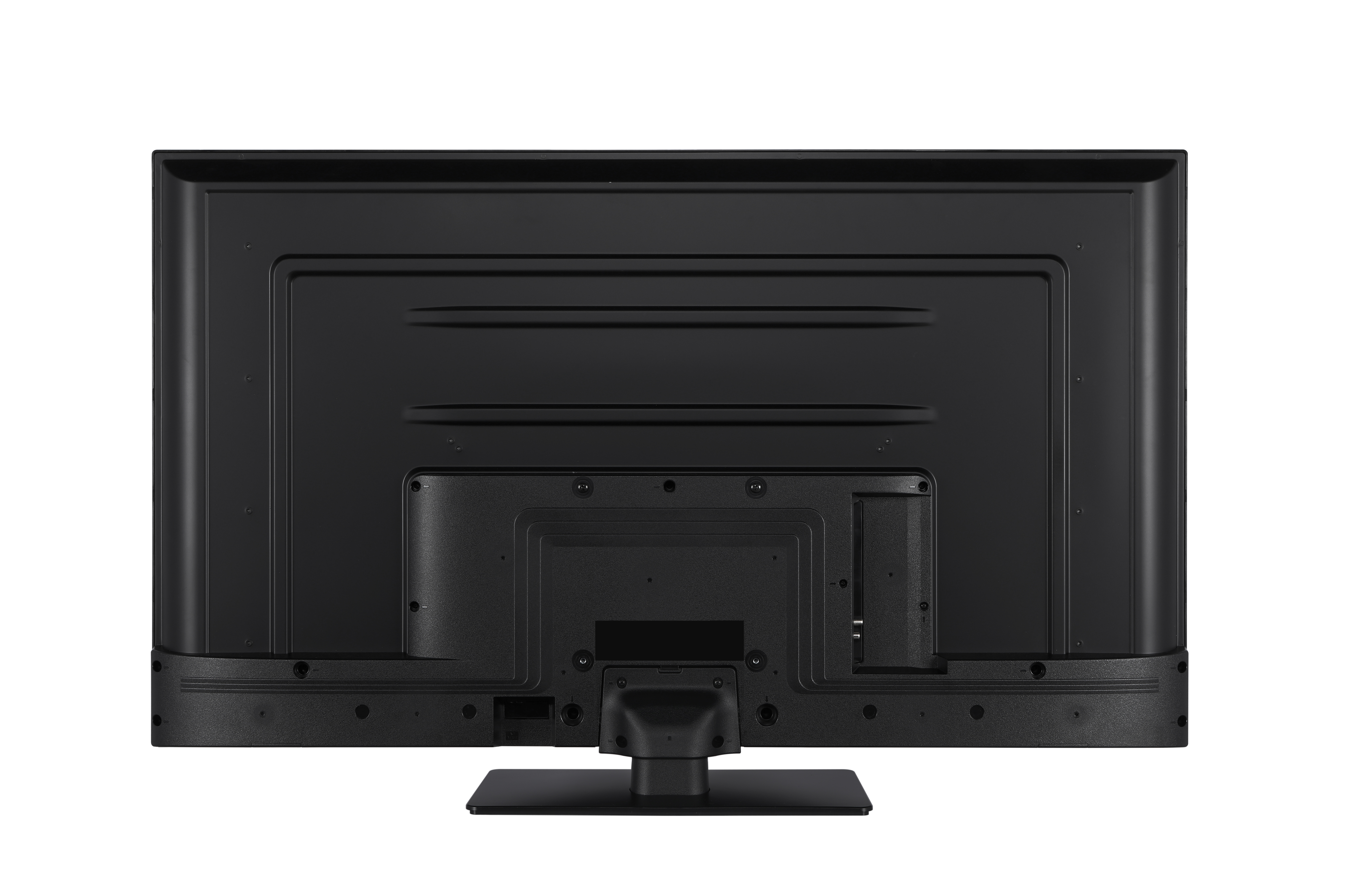 Rückseite eines schwarzen Fernsehers mit Anschlüssen und Standfuß.