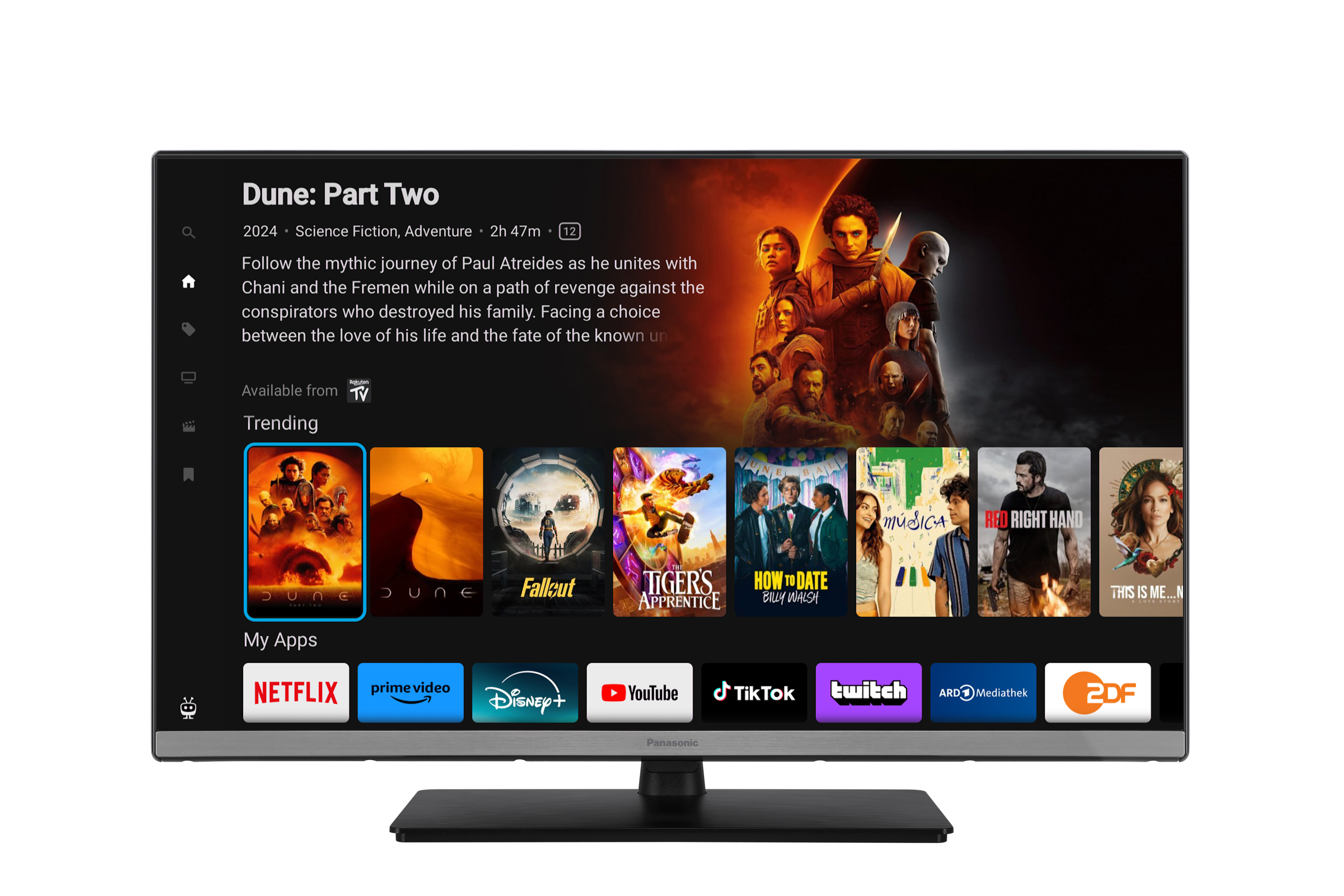 Ein Fernseher zeigt die Benutzeroberfläche einer Streaming-App mit Filmpostern.