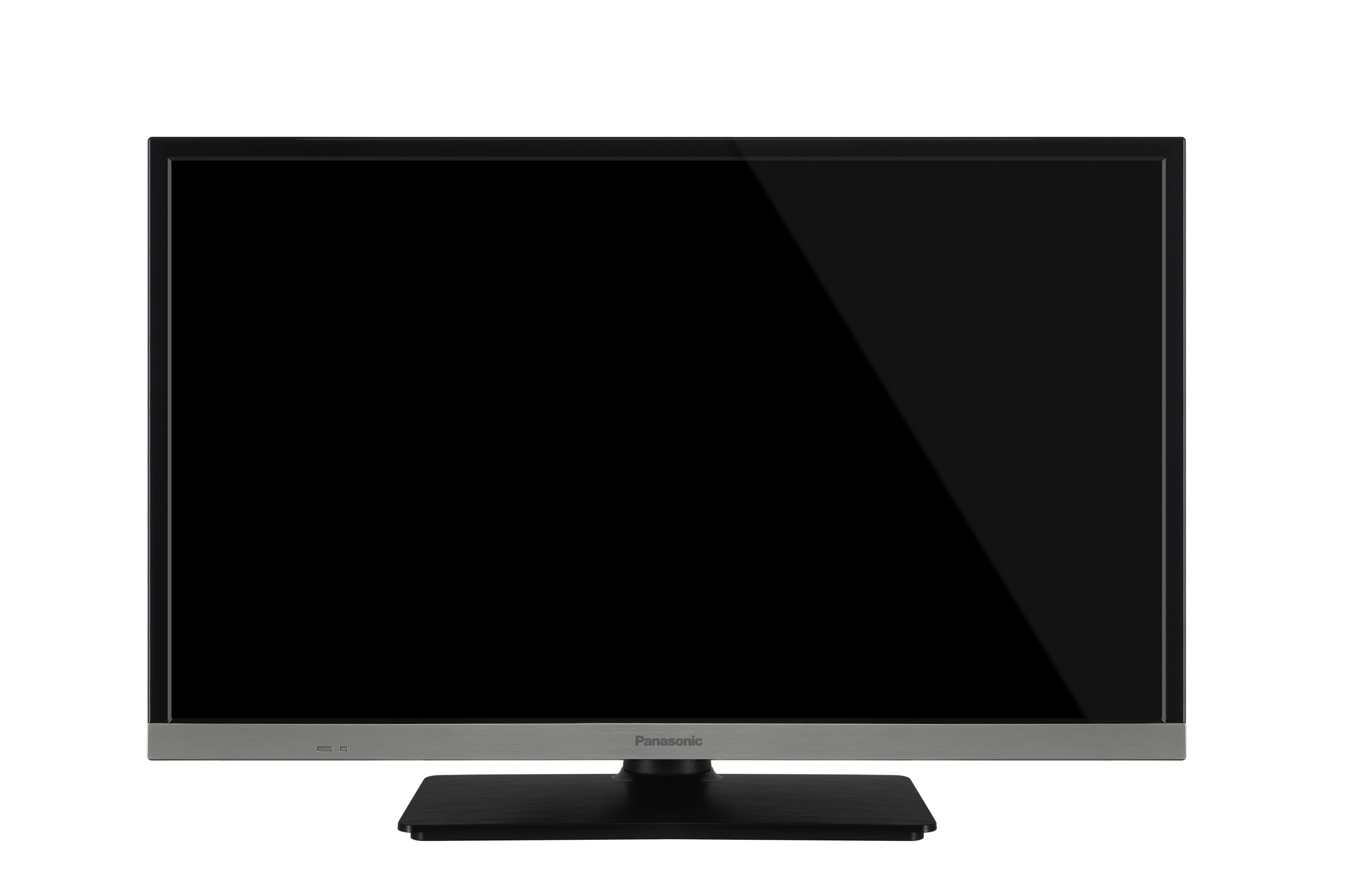 Ein Panasonic-Flachbildfernseher mit schwarzem Bildschirm und silbernem Rahmen steht auf einem schwarzen Sockel.