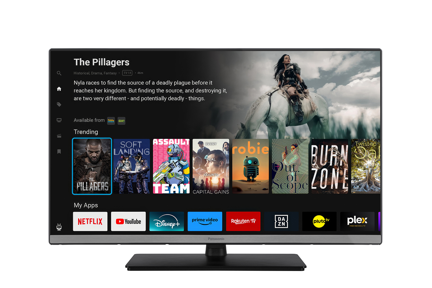 Ein Fernseher zeigt die Benutzeroberfläche eines Streaming-Dienstes mit Filmtiteln.