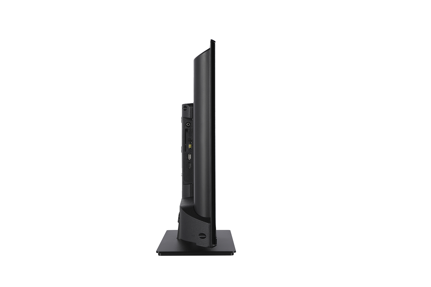 Seitenansicht eines schwarzen Fernsehers mit Anschlüssen auf der Rückseite.