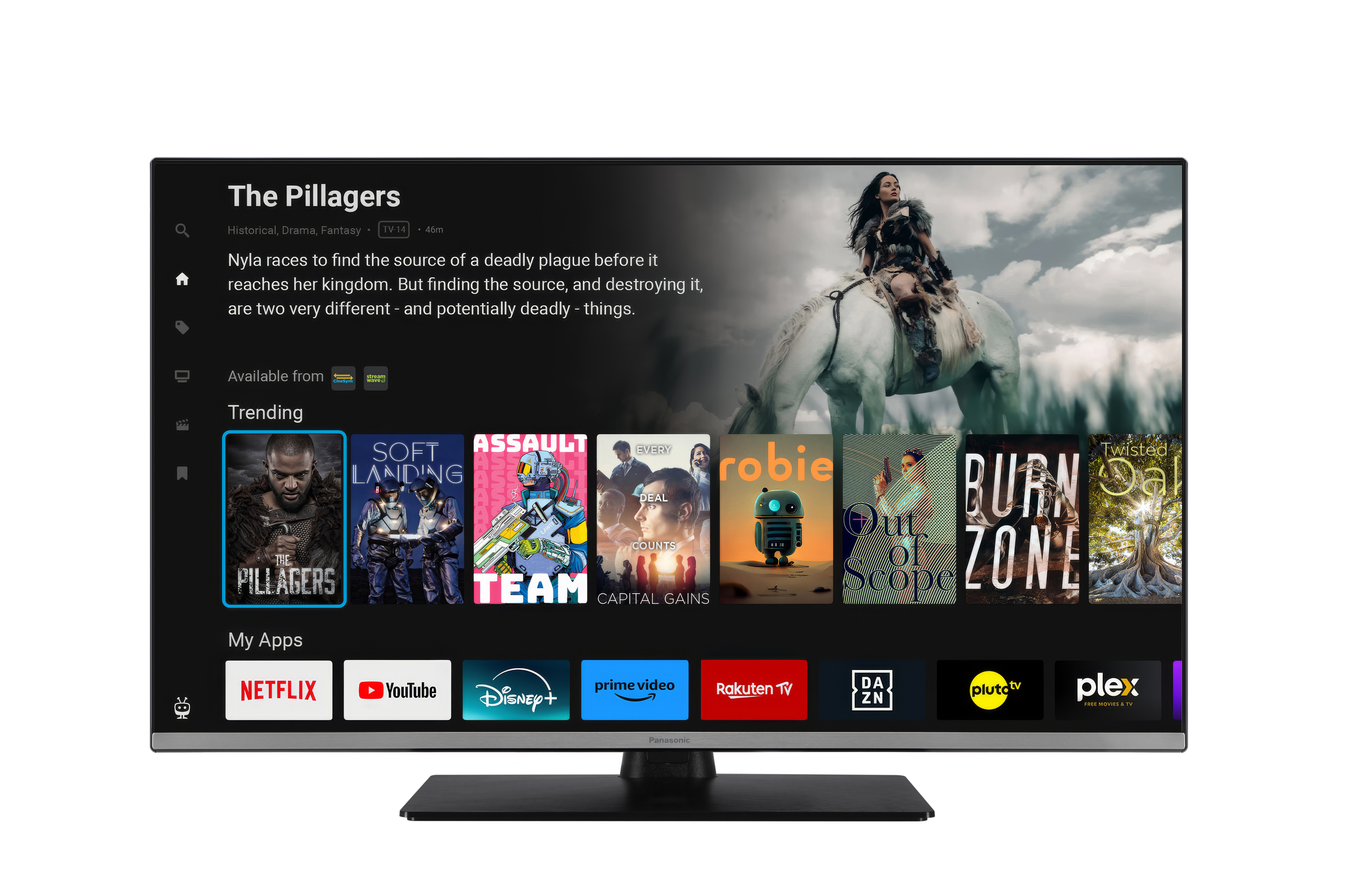 Ein Fernsehbildschirm zeigt die „The Pillagers“-Startseite mit Filmbeschreibungen und App-Symbolen.