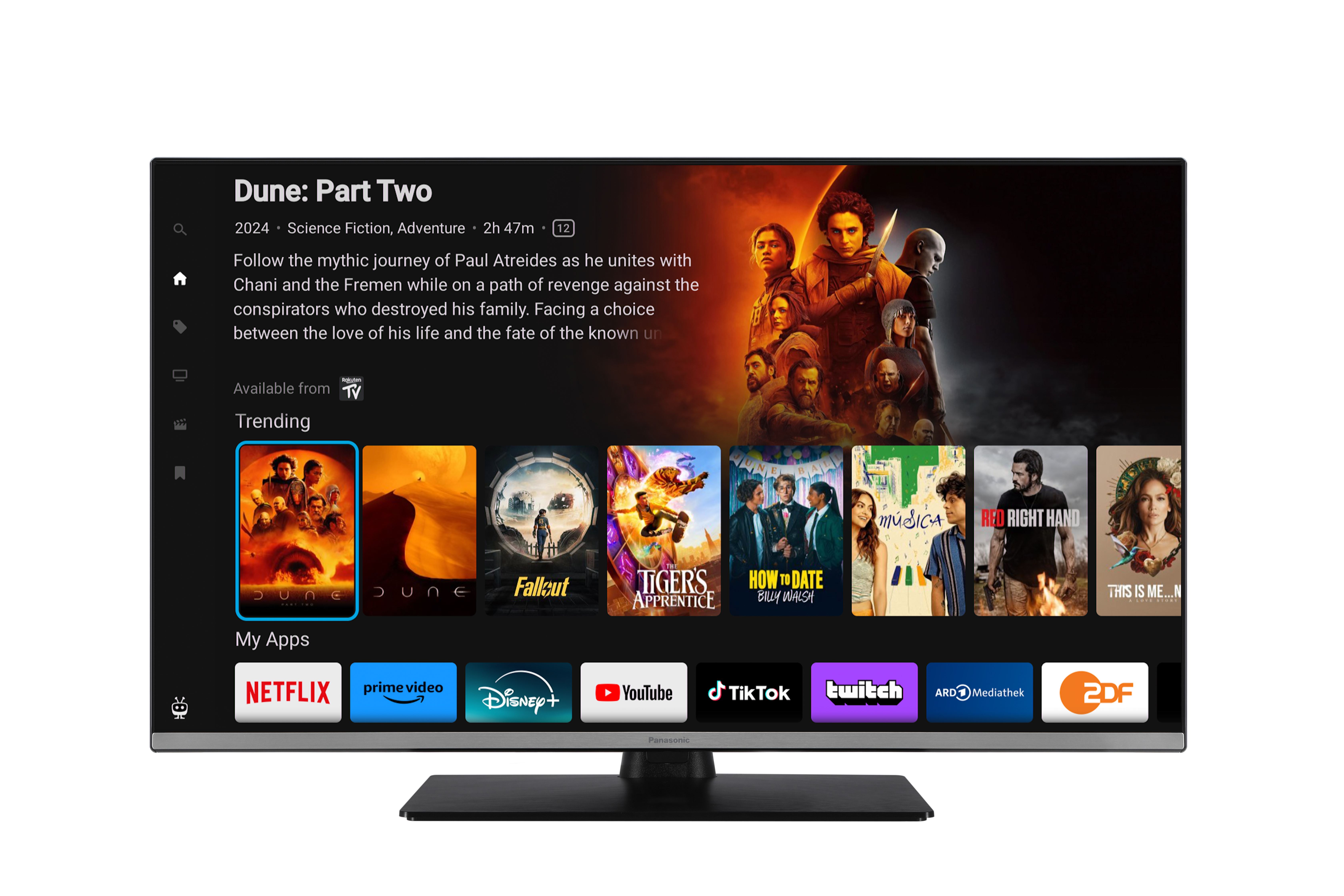 Ein Fernsehbildschirm zeigt die Dune: Part Two-App mit Filmtrailern und App-Logos.
