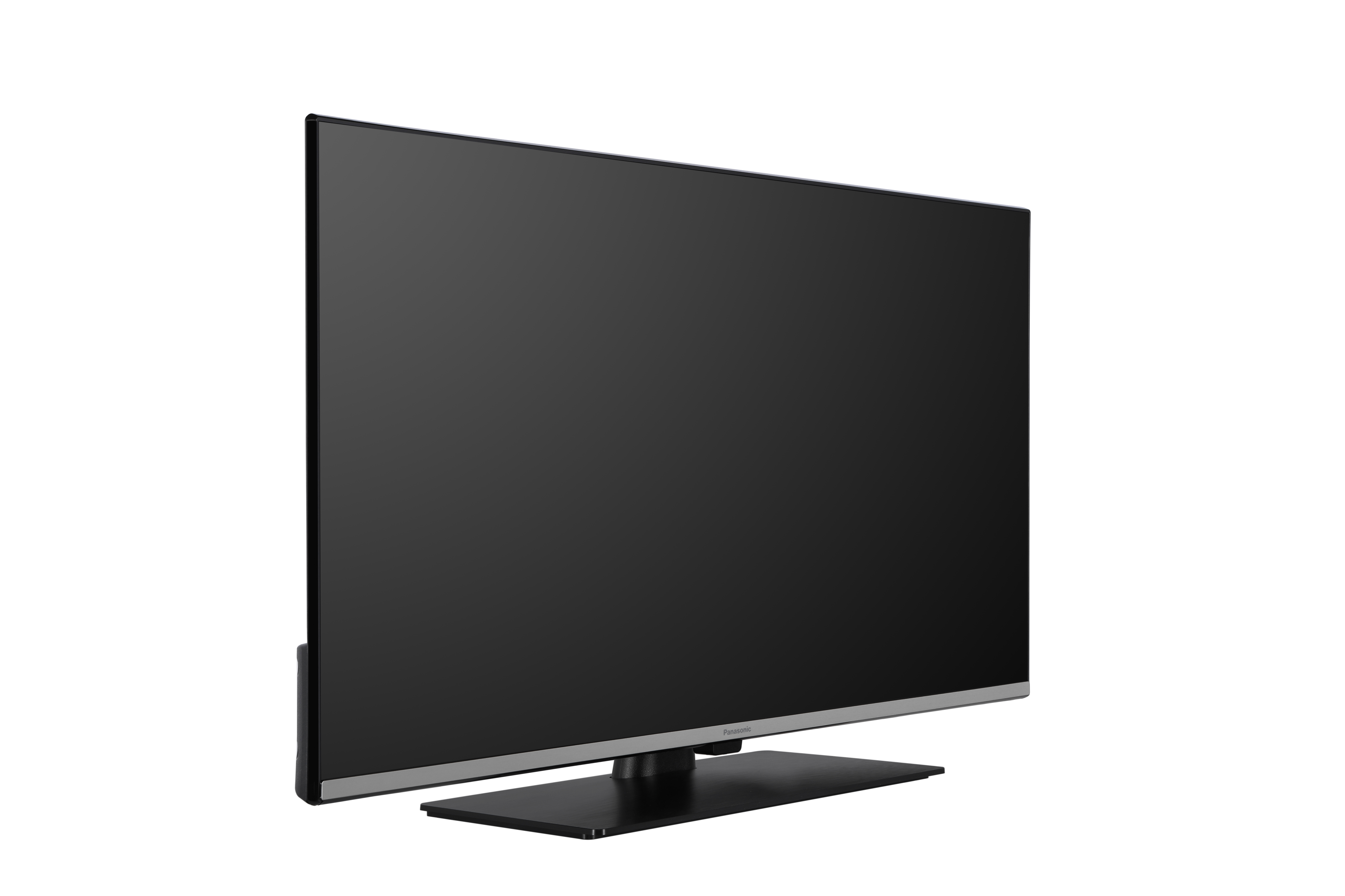 Ein schwarzer Fernseher mit flachem Bildschirm steht auf einem schwarzen Ständer.