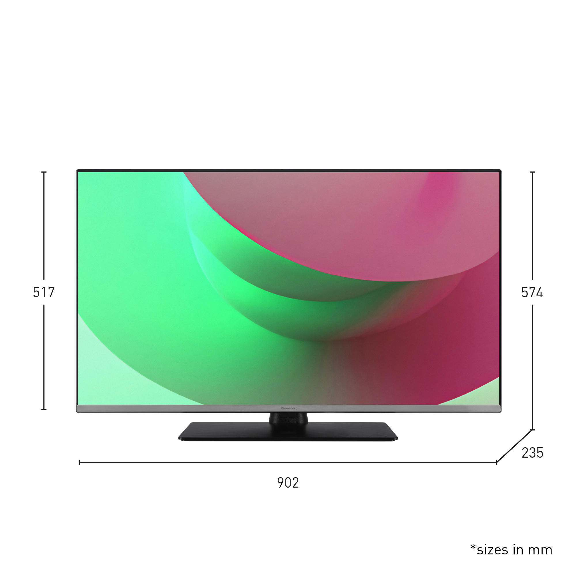 Ein Panasonic-Fernseher mit einem abstrakten Muster in Grün und Pink.