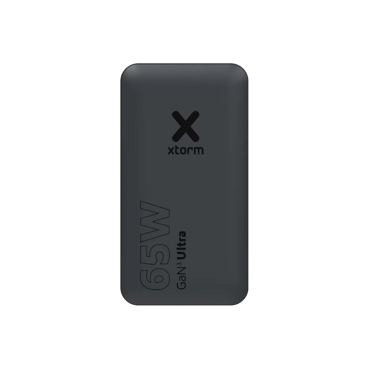 Schwarzer kompakter Ladegerät mit 65W GaN3 Ultra Schriftzug und Xstorm Logo.