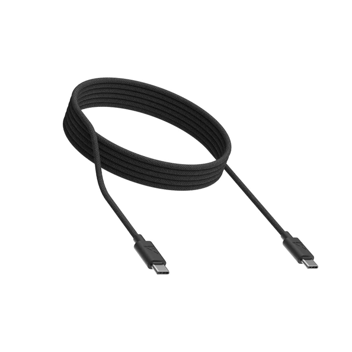 Schwarzes USB-C-Kabel, aufgewickelt mit Anschlüssen an beiden Enden.