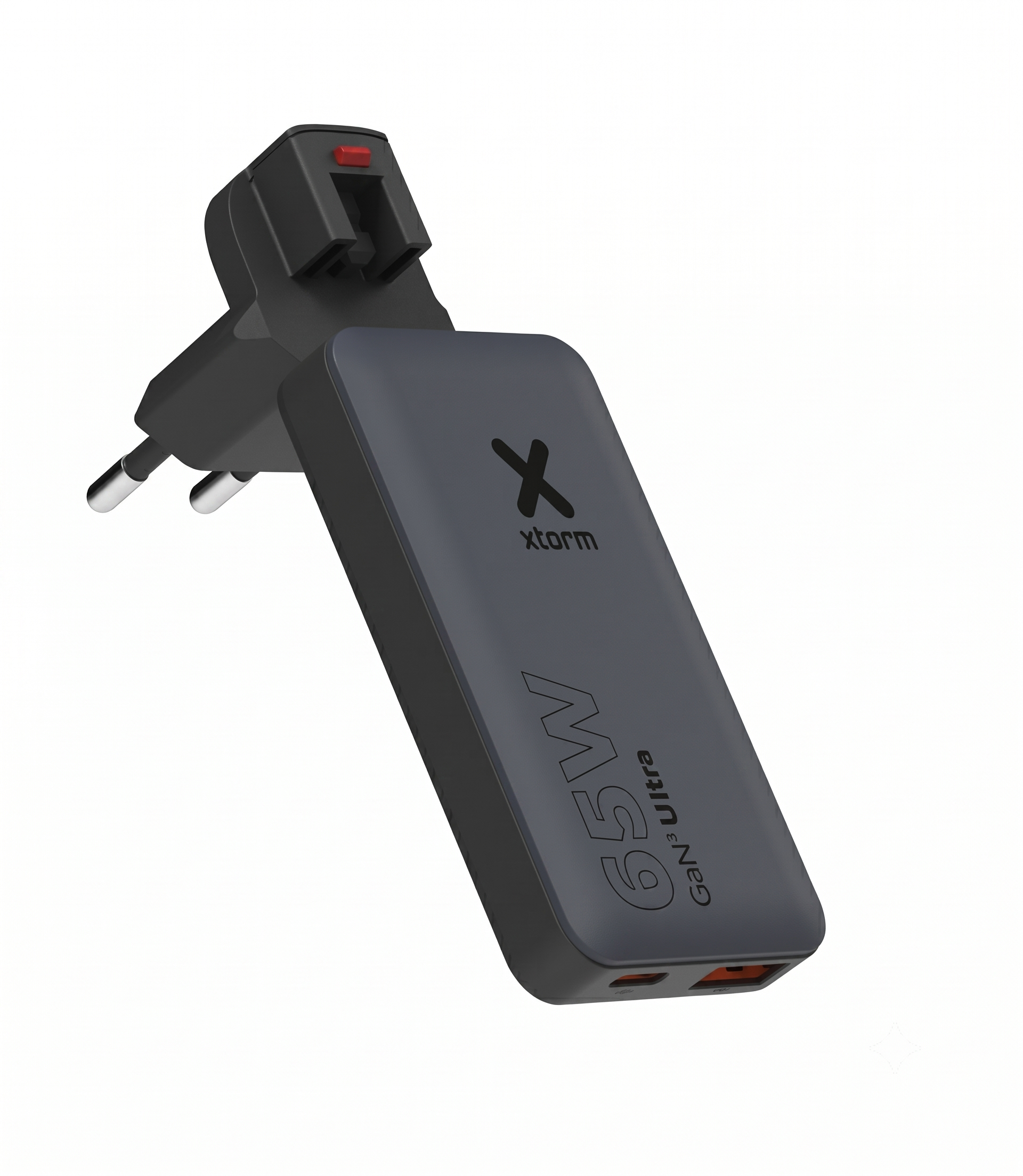 Ein grauer USB-C-Adapter mit einem roten Lämpchen und zwei USB-Anschlüssen.