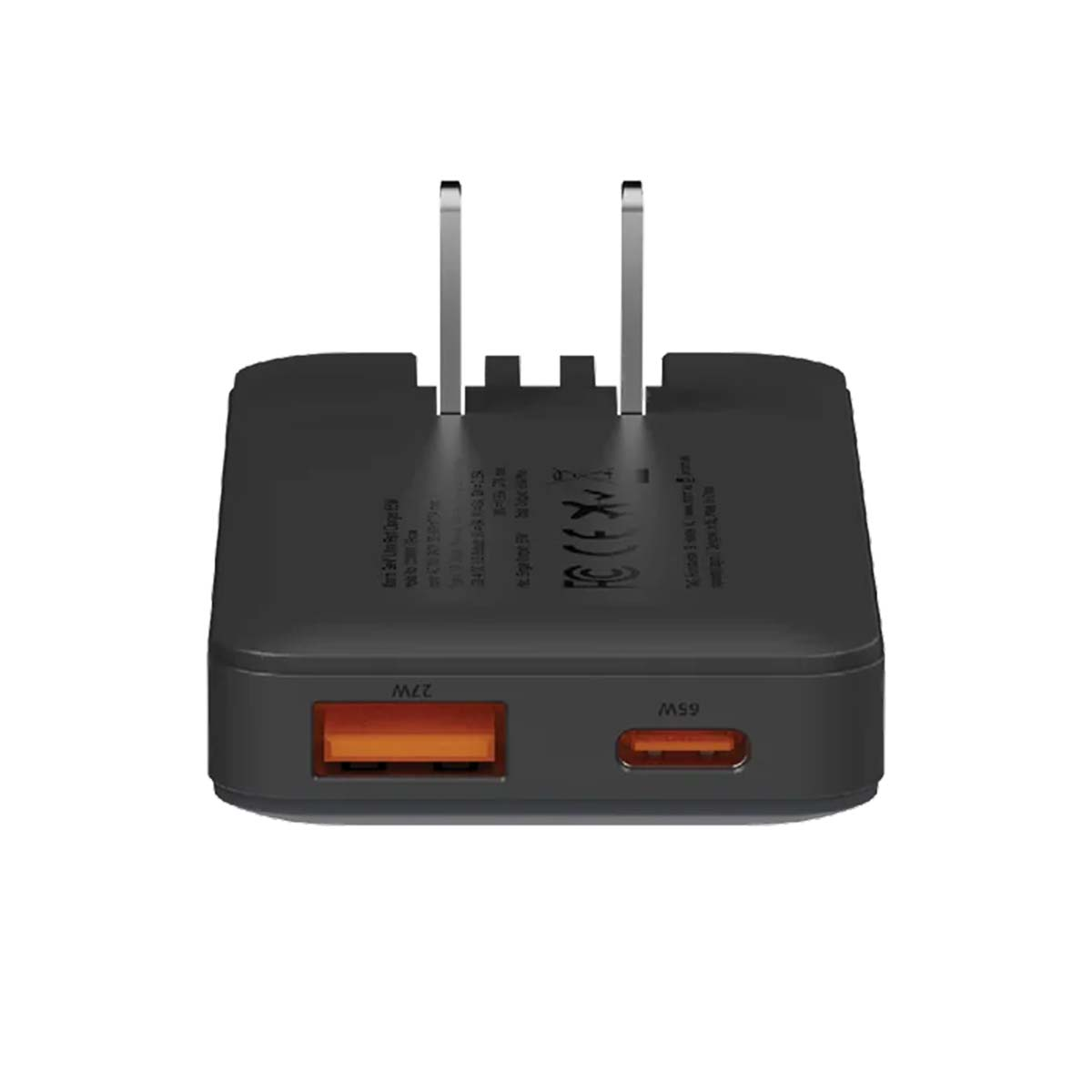 Schwarzes Ladegerät mit zwei Anschlüssen, USB-A und USB-C, und ausklappbaren Steckern.