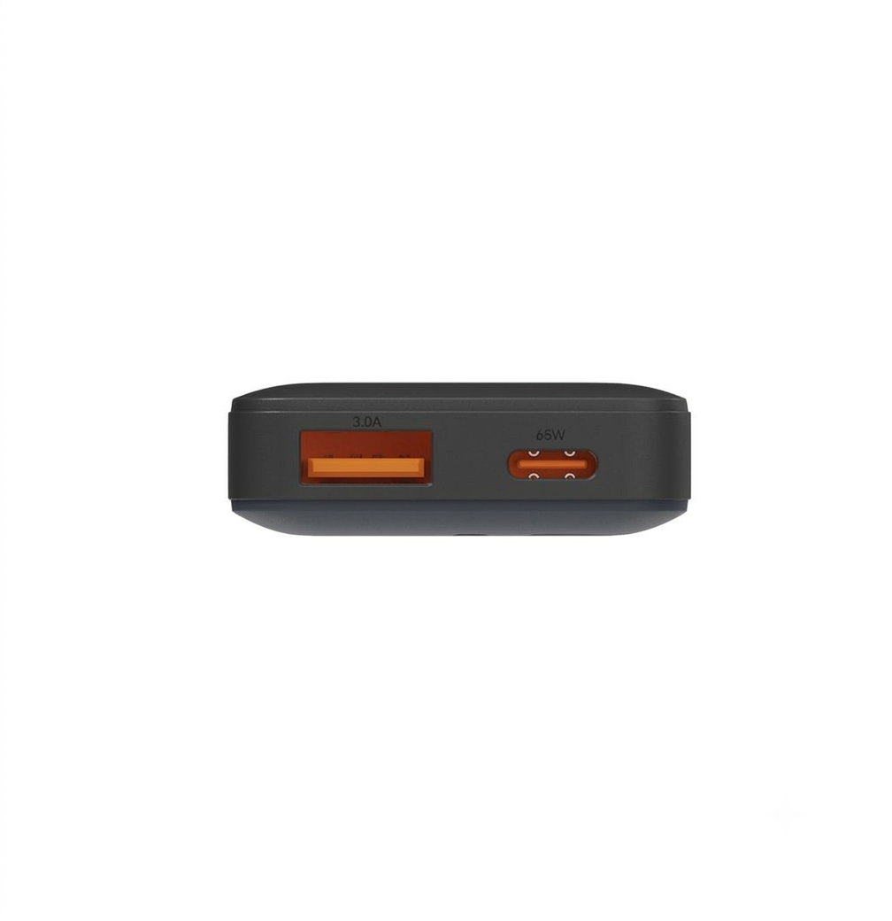 Ein schwarzes Ladeport-Gerät mit einem 3,0A USB-A und einem 65W USB-C Anschluss.