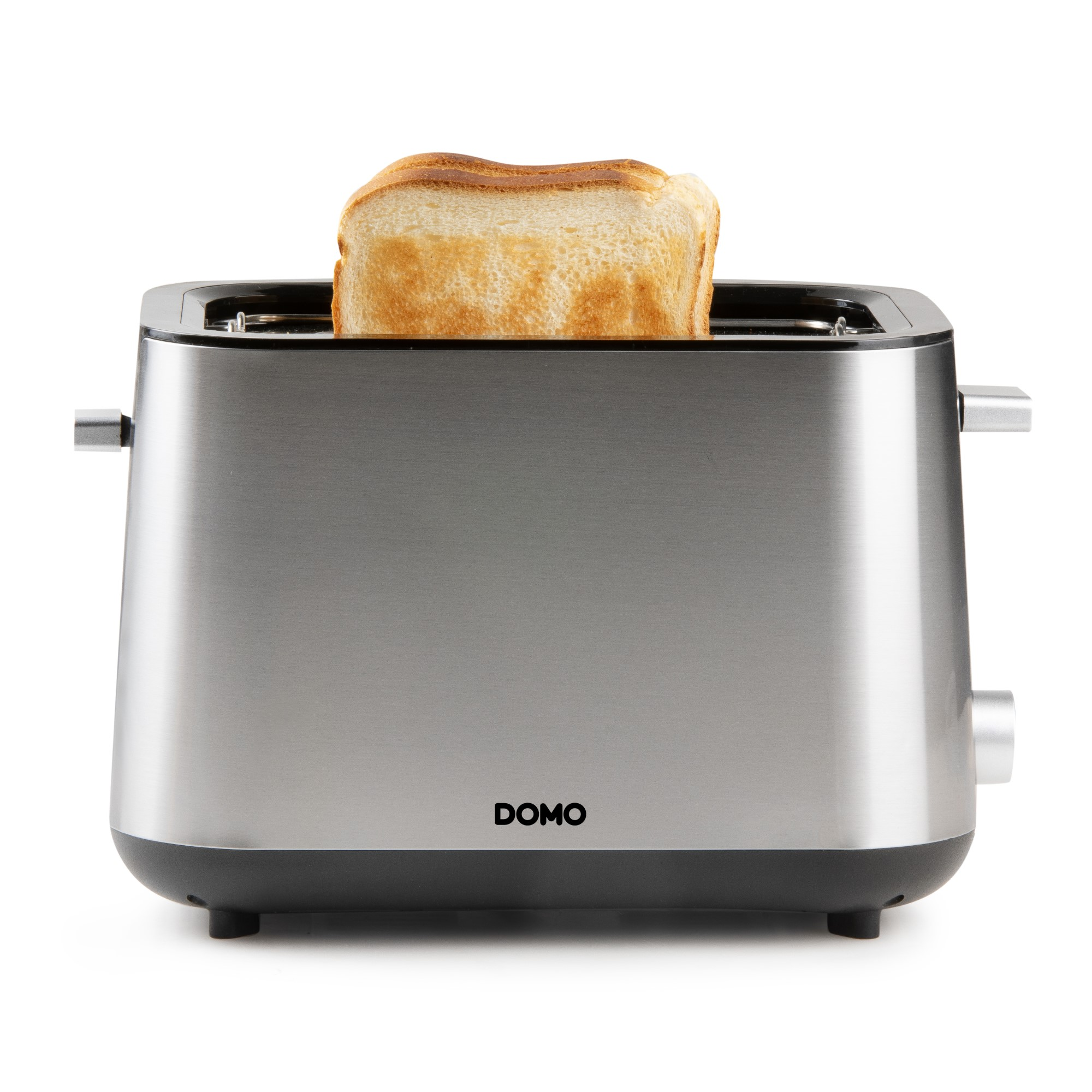 Ein silberner Toaster mit zwei Scheiben Toastbrot, die oben herausragen.