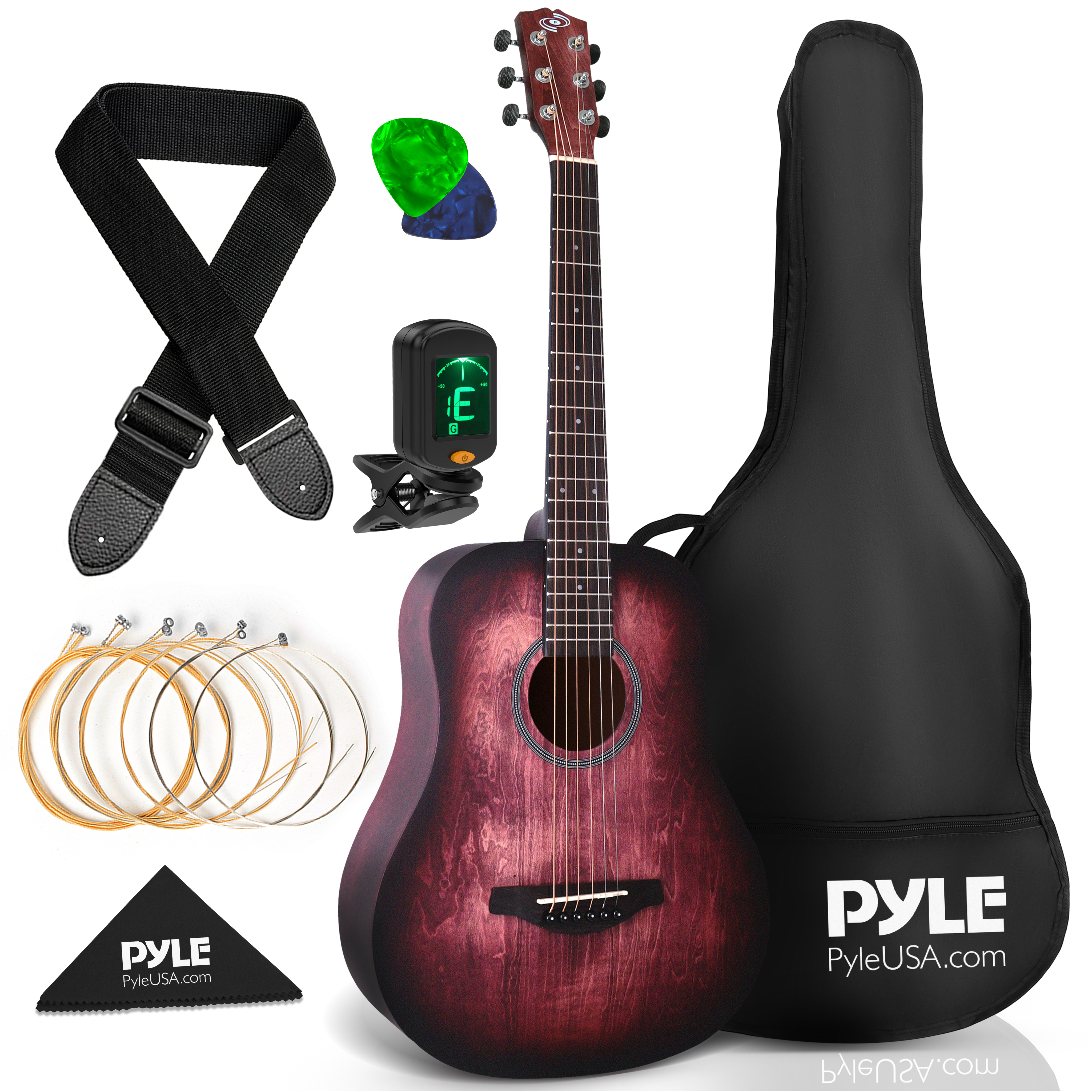 Eine Gitarre mit Zubehör: Gurt, Plektren, Stimmgerät, Saiten und Tasche.