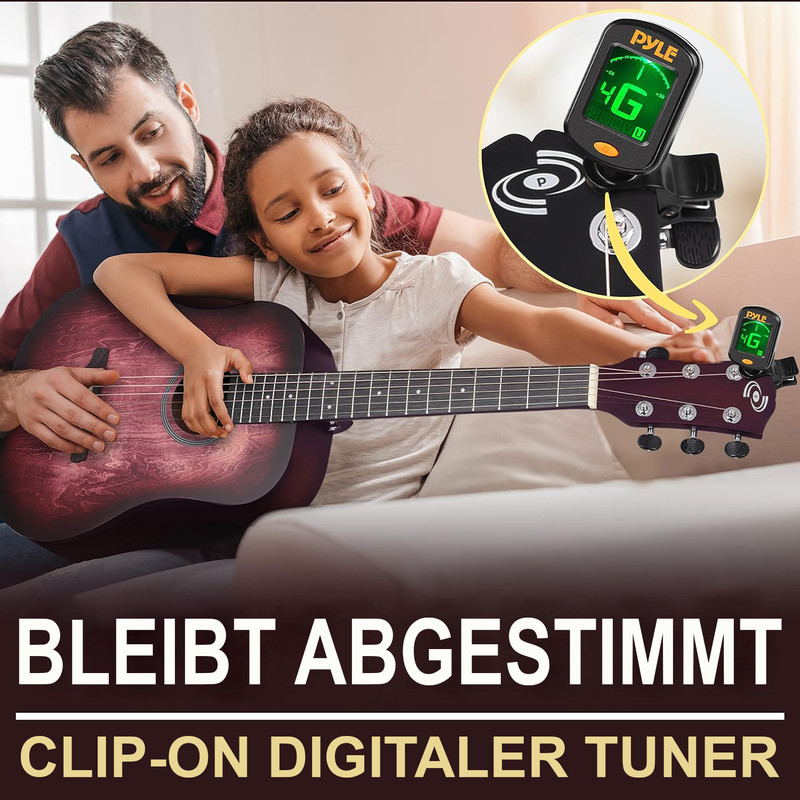 Mann und Kind stimmen Gitarre mit digitalem Stimmgerät.