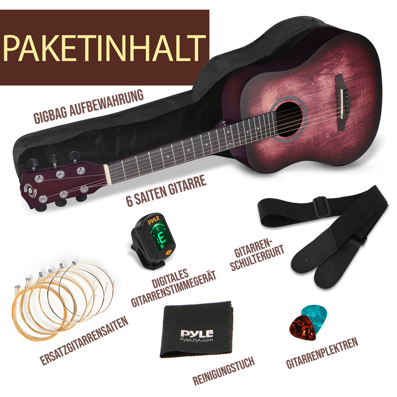 Ein 6-saitiges Gitarrenpaket mit Gitarre im Gigbag, Ersatzsaiten, Stimmgerät, Gurt und Plektren.