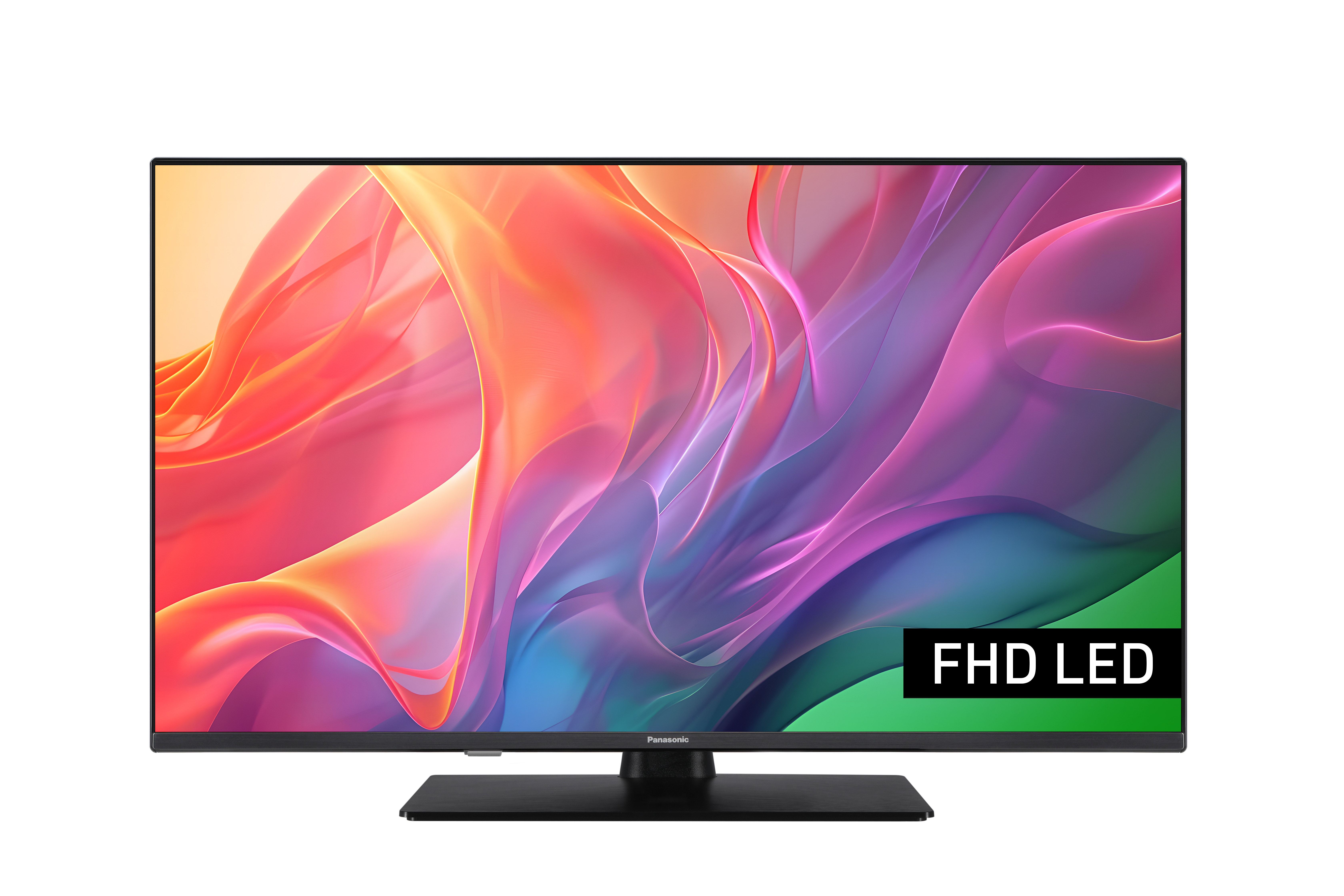 Ein Panasonic FHD LED-Fernseher mit einem bunten, fließenden Muster auf dem Bildschirm.