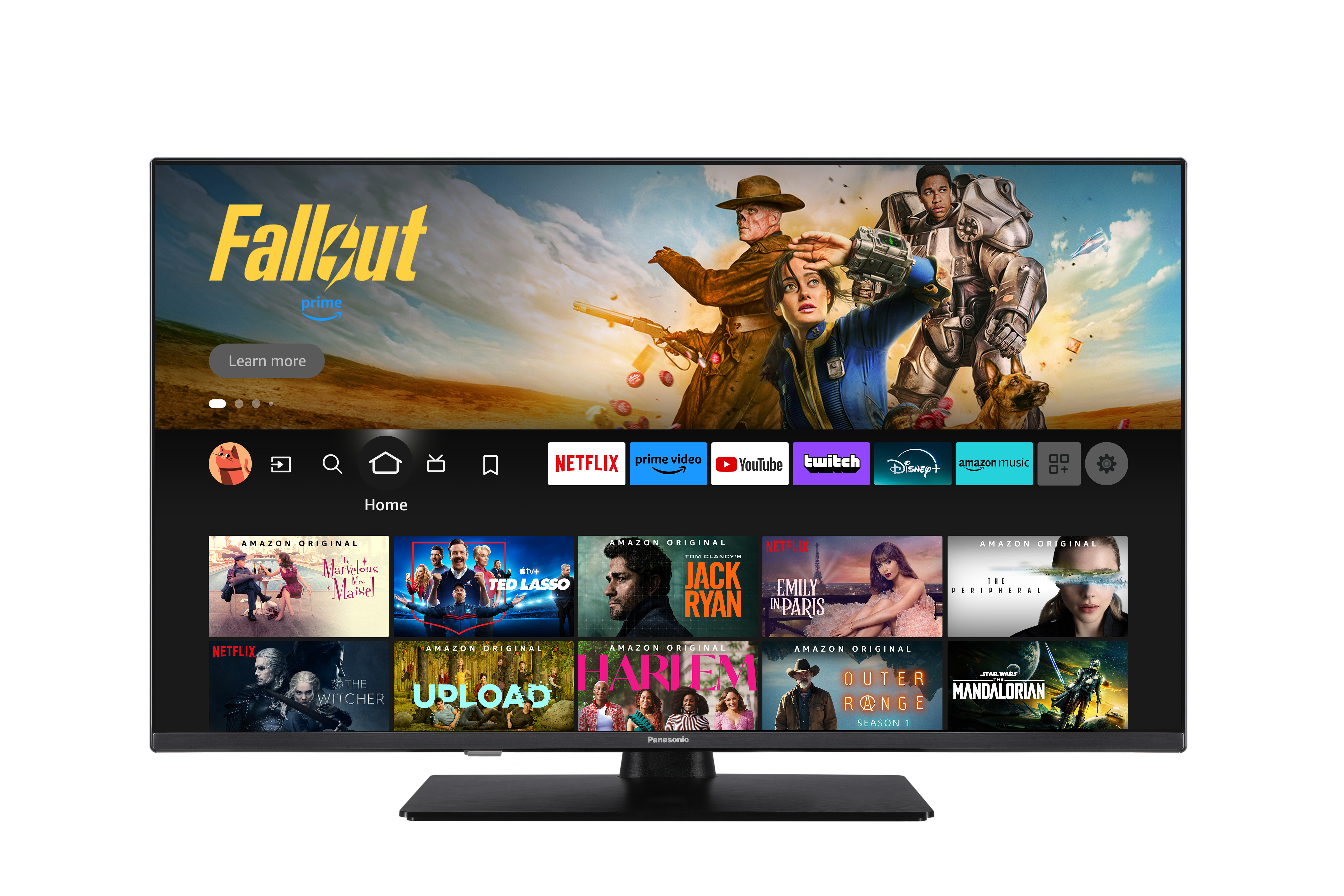 Ein Fernseher zeigt die Startseite einer Streaming-Plattform mit Serien und Filmen.