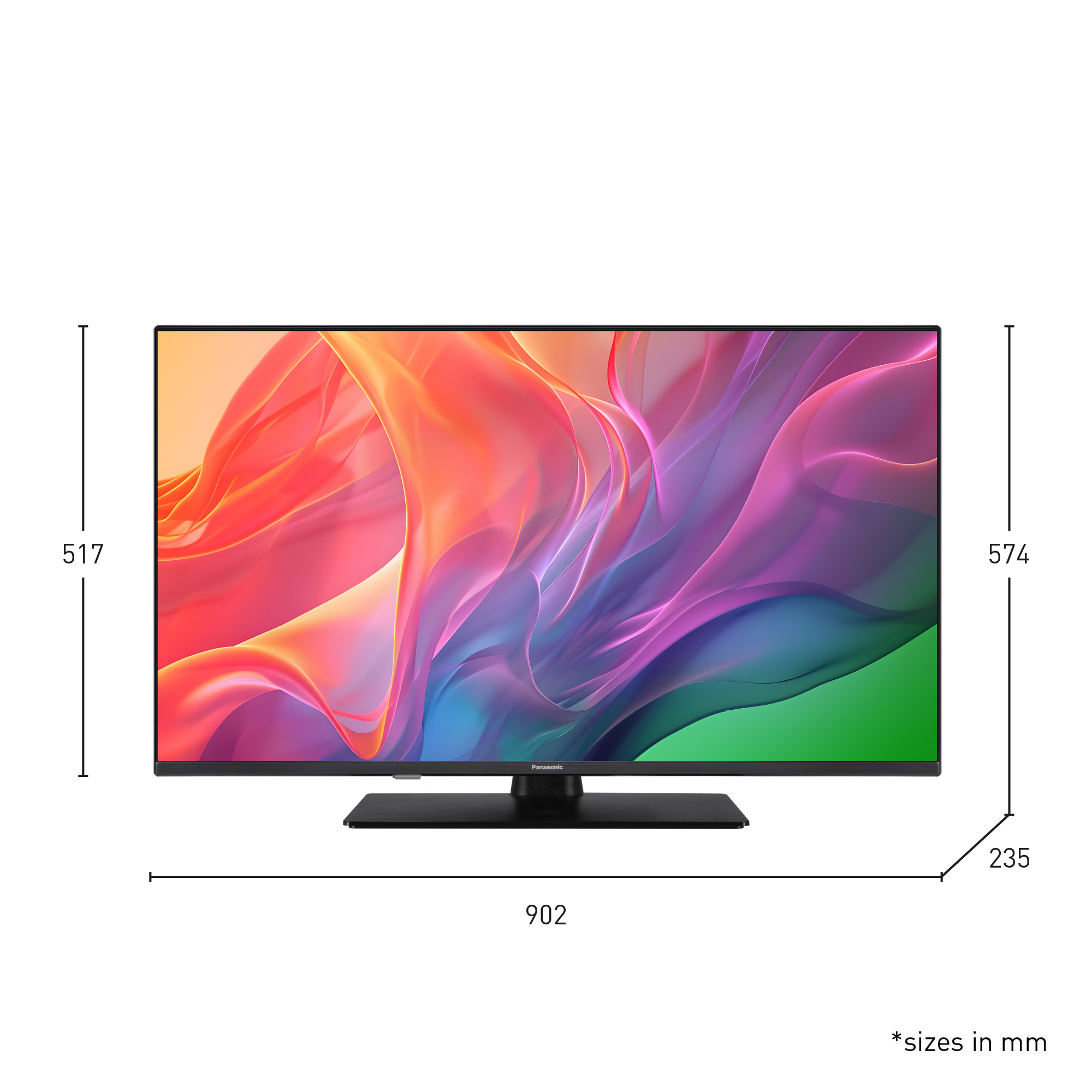 Ein Panasonic Fernseher mit farbenfrohem Hintergrund und Maßangaben.