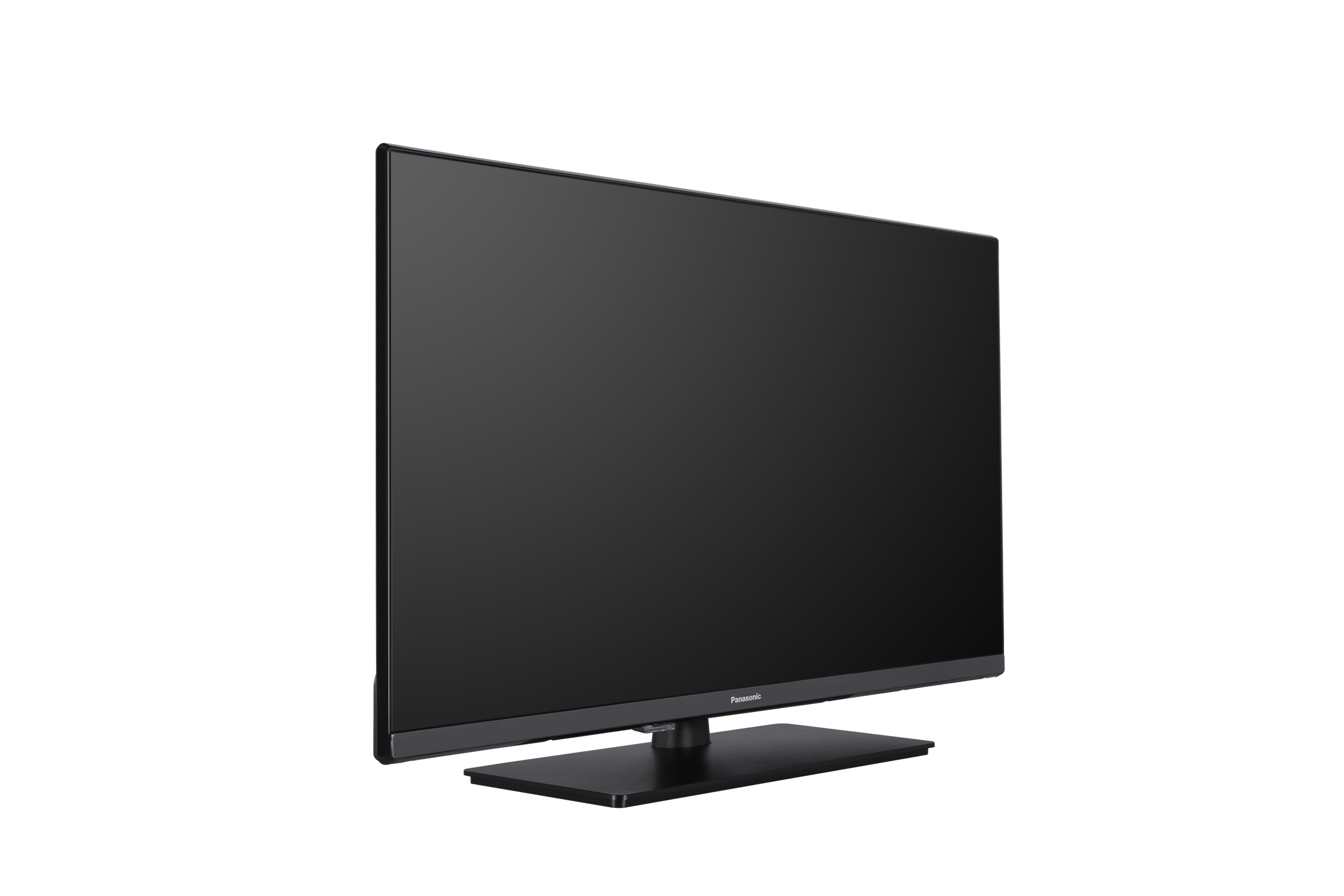 Ein schwarzer Panasonic Fernseher mit Standfuß auf weißem Hintergrund.