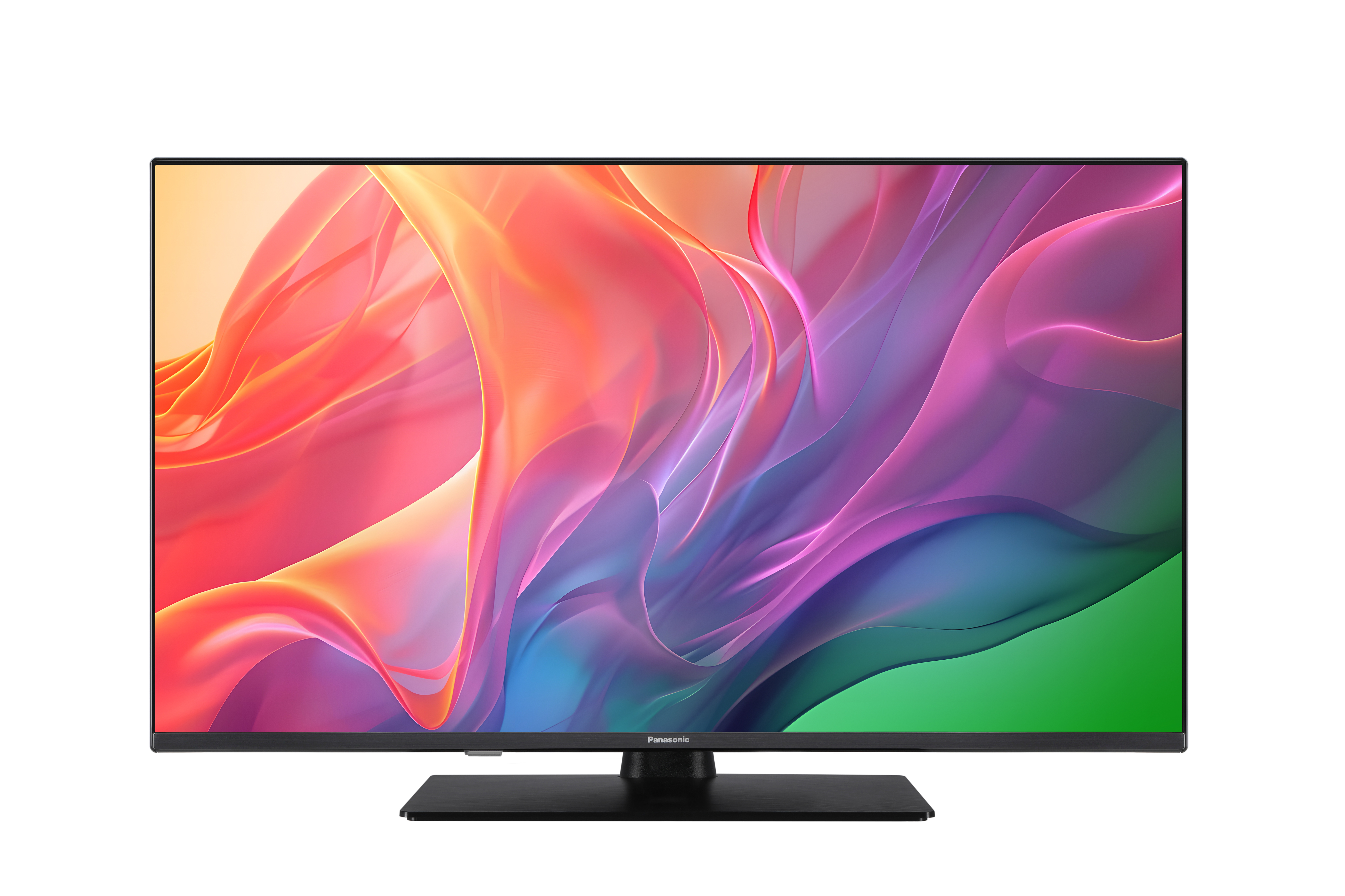 Ein schlanker schwarzer Panasonic-Fernseher mit einem lebendigen, abstrakten Bild auf dem Bildschirm.