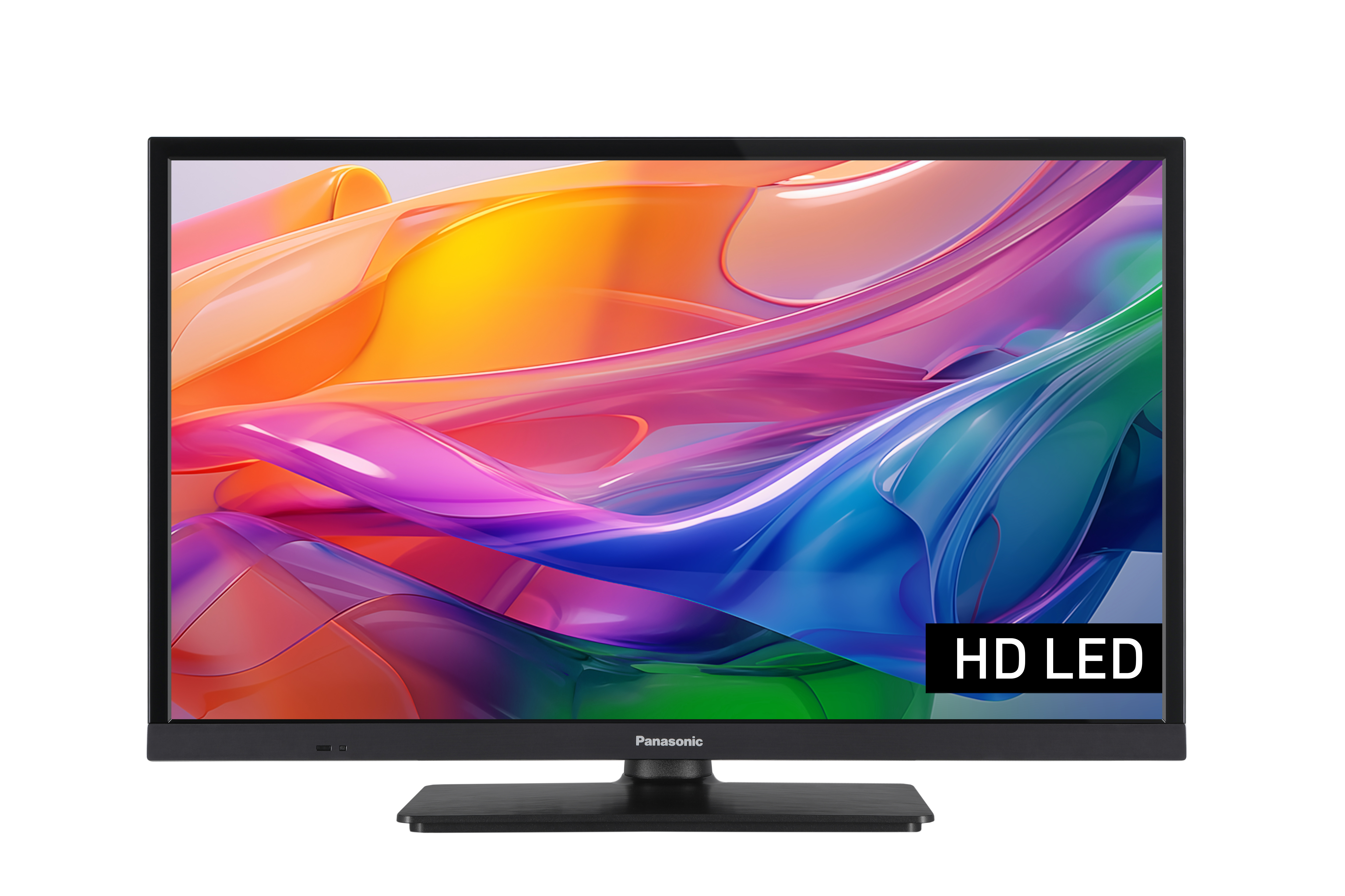 Ein schwarzer Fernseher mit einem bunten, abstrakten Hintergrundbild. "HD LED" ist auf der rechten Seite.