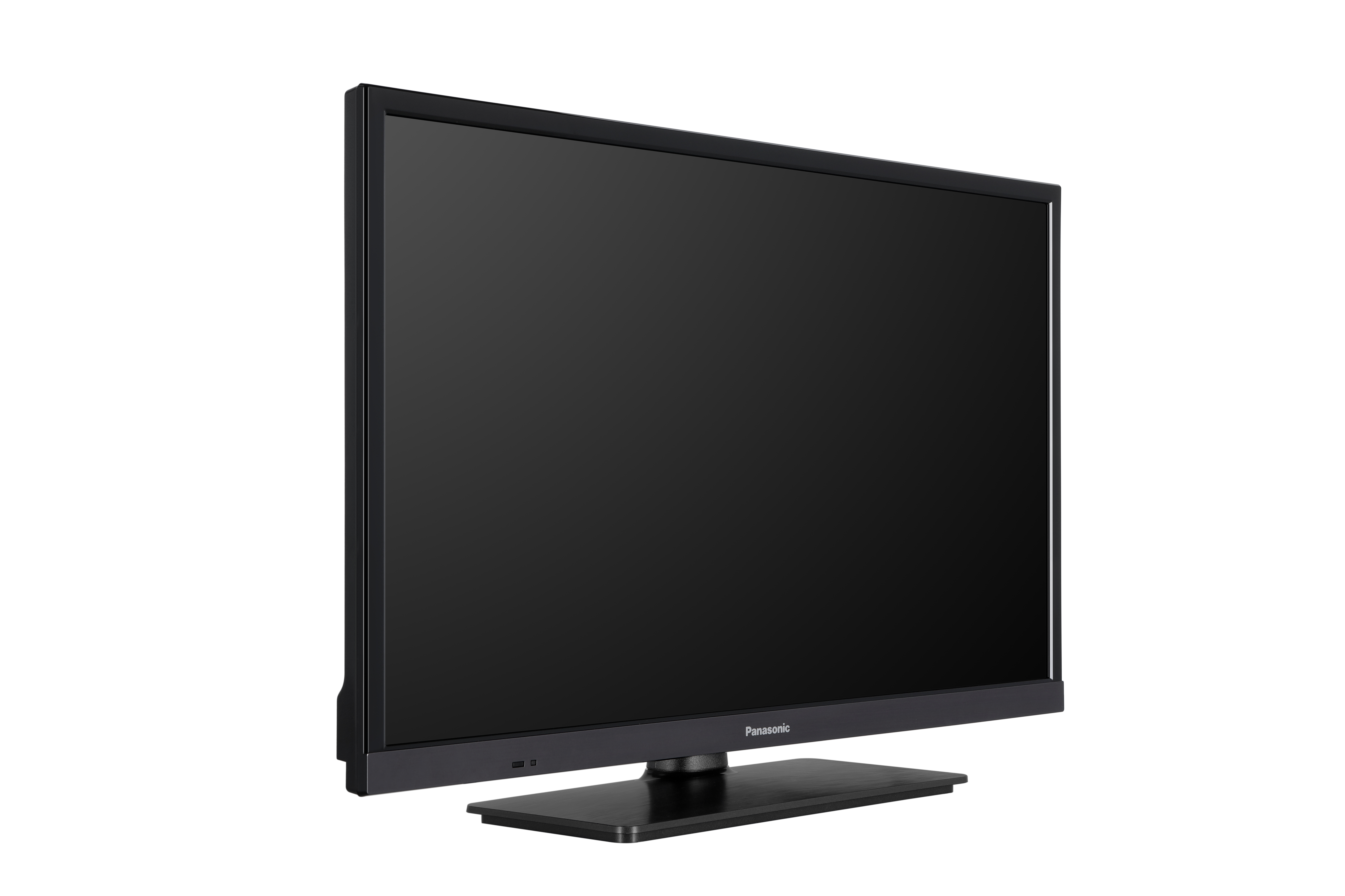 Ein schwarzer Panasonic Fernseher steht auf einem Sockel vor weißem Hintergrund.