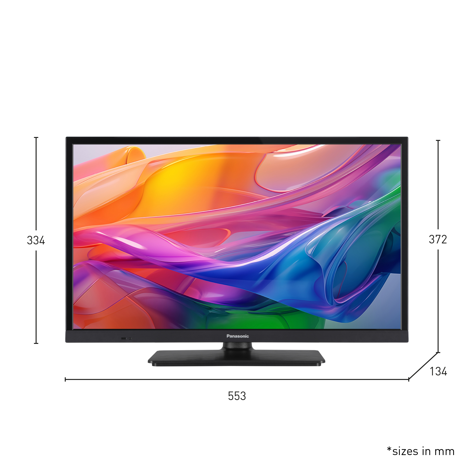 Ein Panasonic Fernseher mit abstraktem, bunten Hintergrund und Maßangaben.