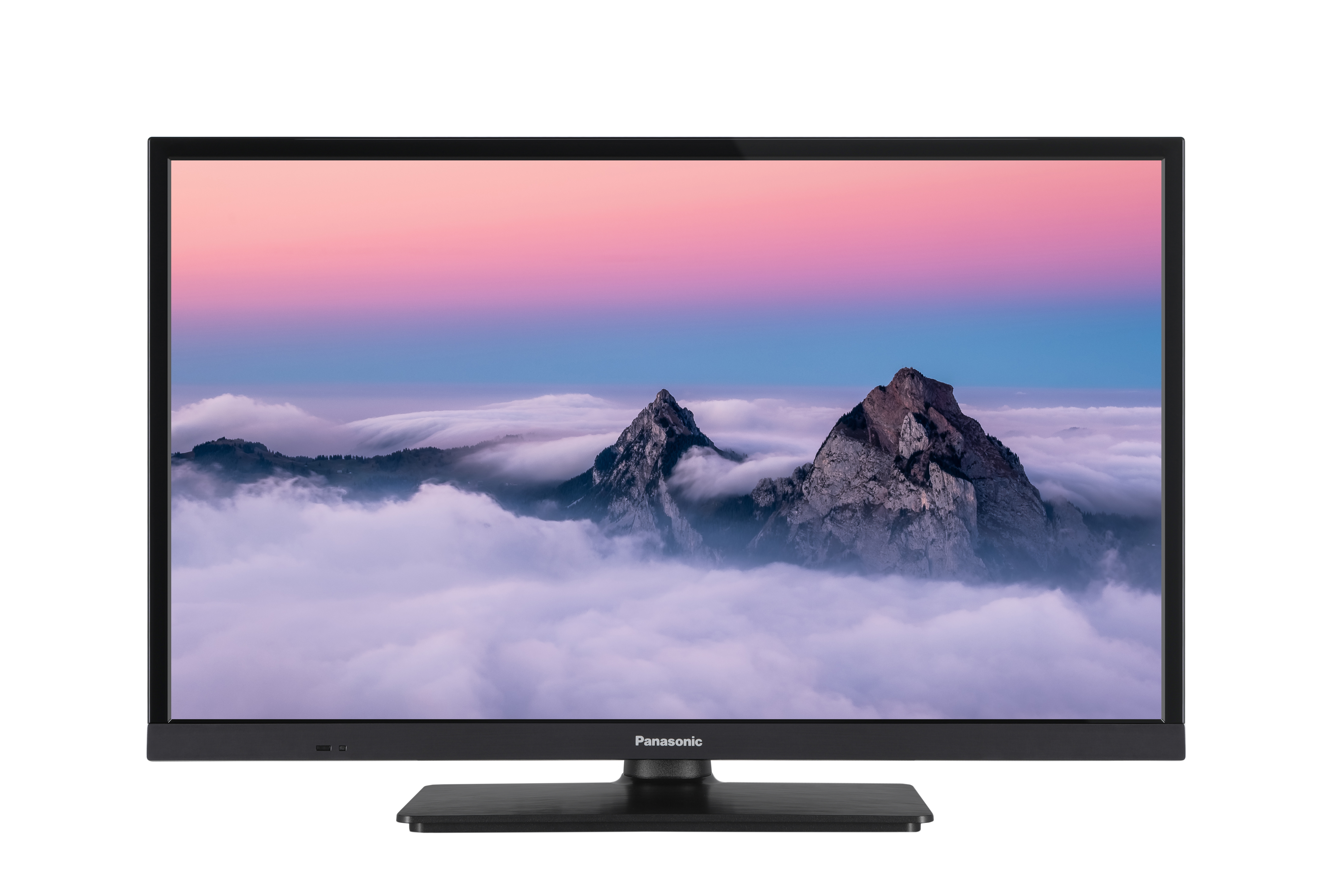 Ein schwarzer Fernseher mit einem Bild von Bergen im Nebel und einem rosa/blauen Himmel.