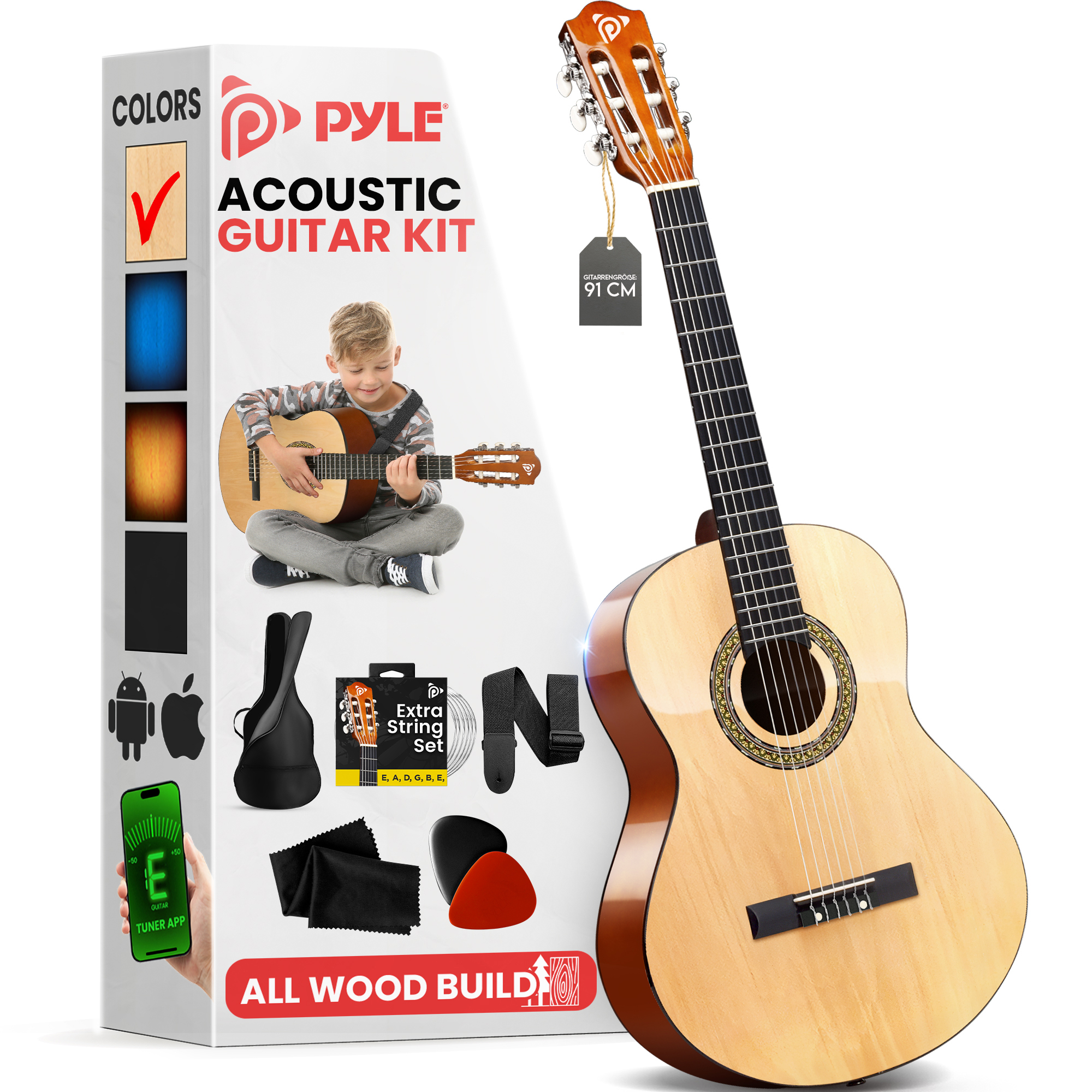 Ein helles Akustikgitarren-Kit mit Gitarre, Tasche, Saiten, Plektren und Stimmgerät-App.