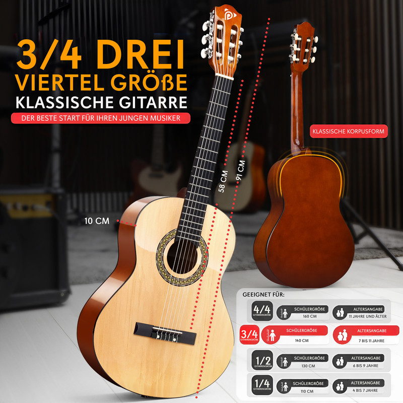 Zwei klassische Gitarren, eine hell und eine dunkelbraun, mit Größenangaben.