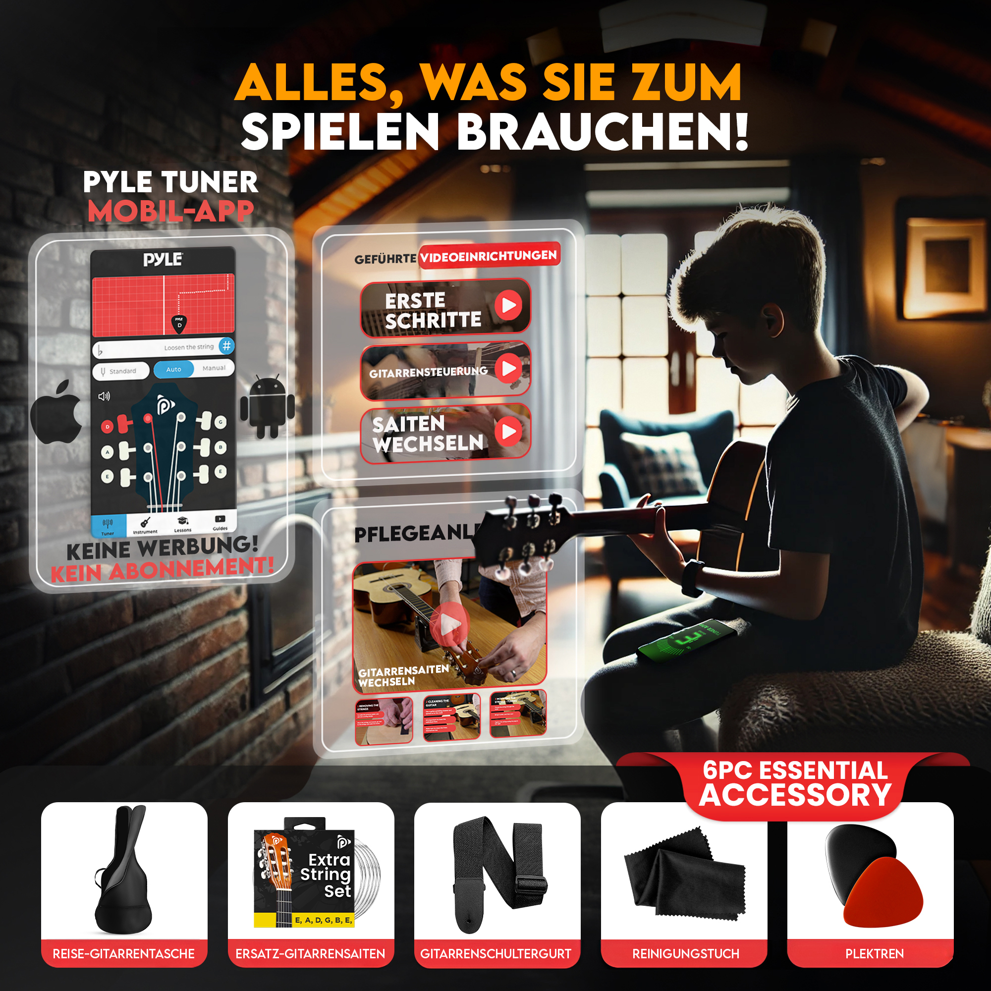 Ein Junge spielt Gitarre, umgeben von Zubehör und einer mobilen App.