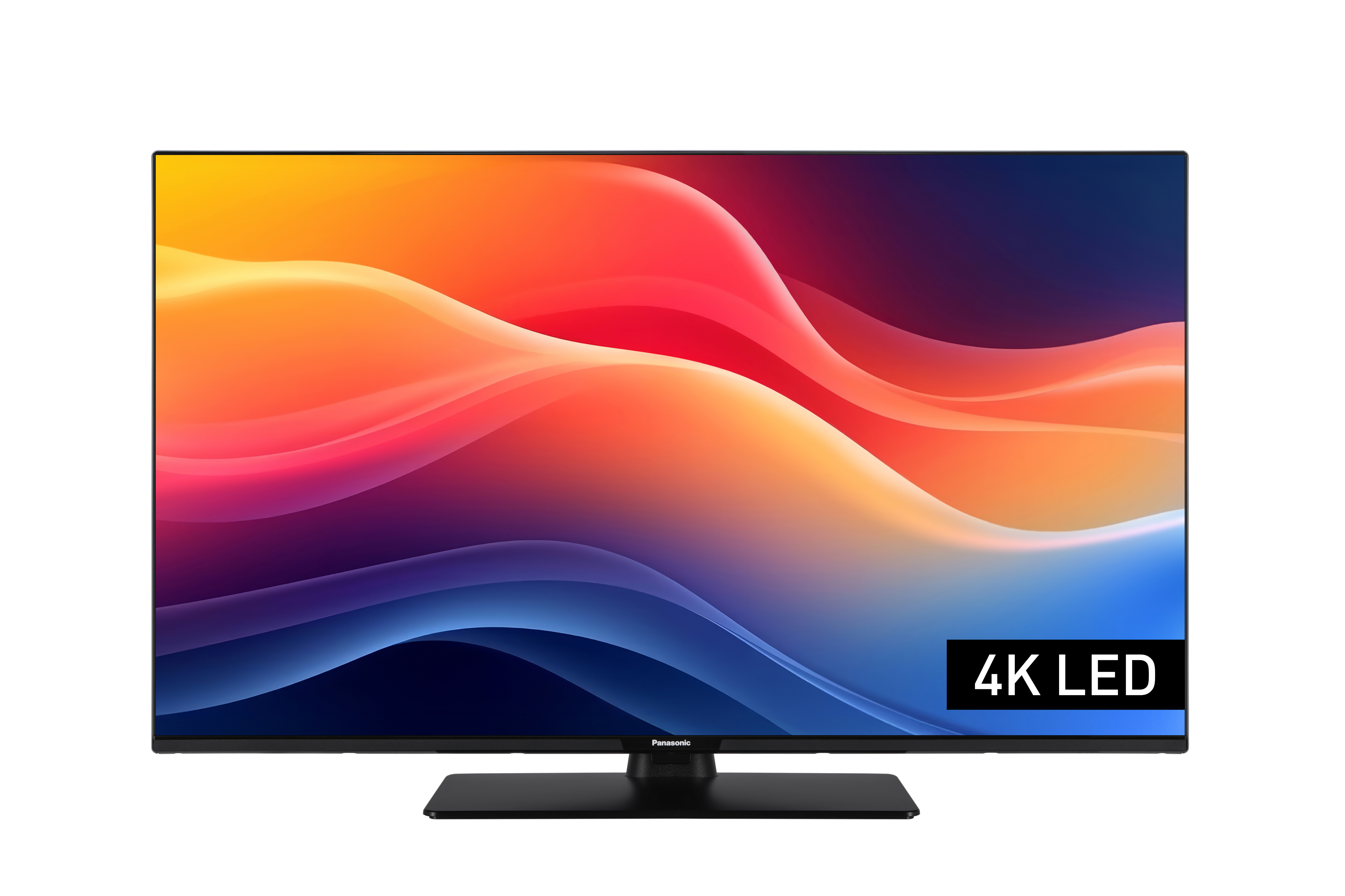 Ein Panasonic 4K LED Fernseher mit einem abstrakten, bunten Hintergrund.