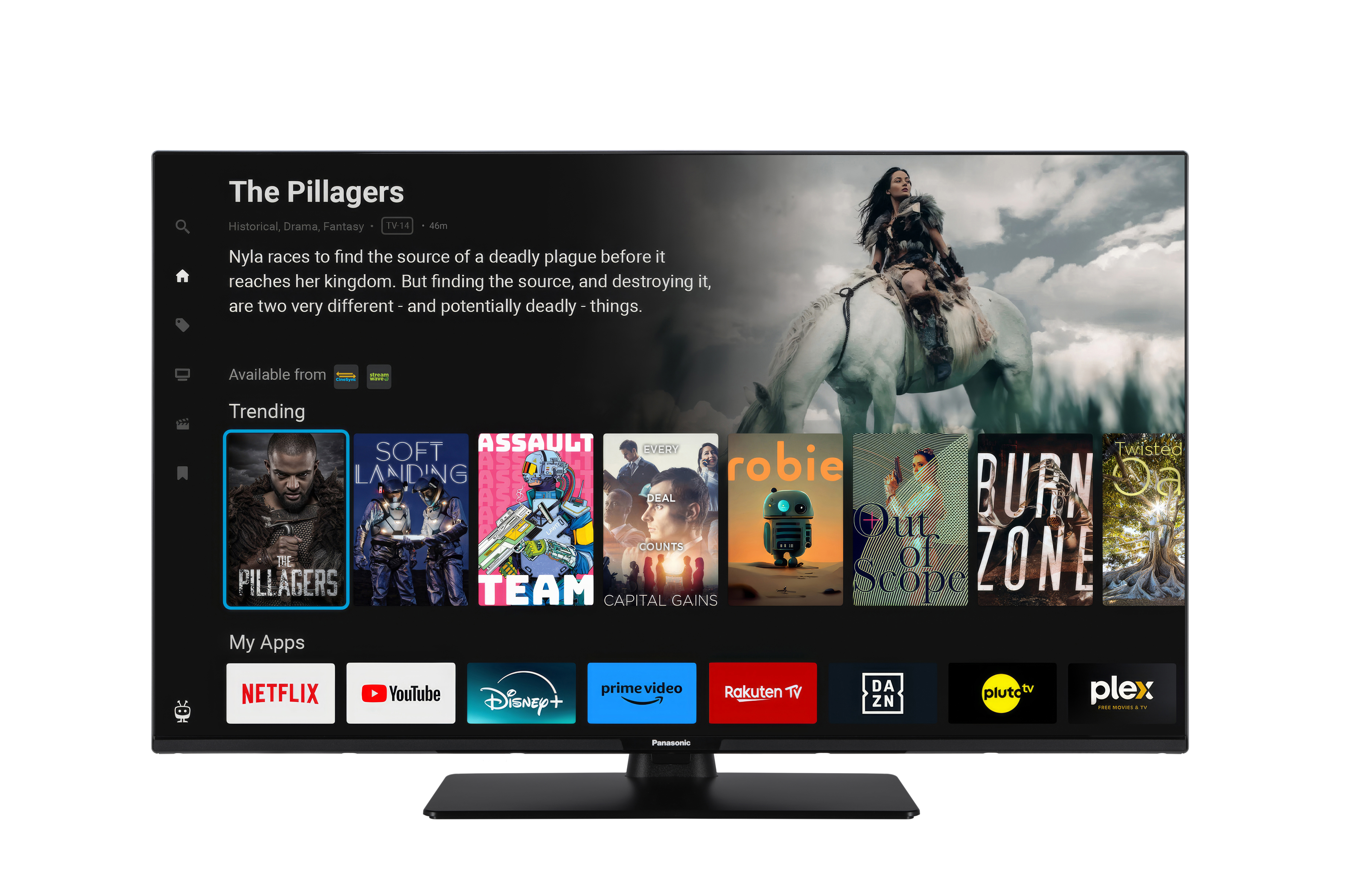 Ein Fernsehbildschirm zeigt eine Streaming-App mit Filmtiteln und App-Logos.
