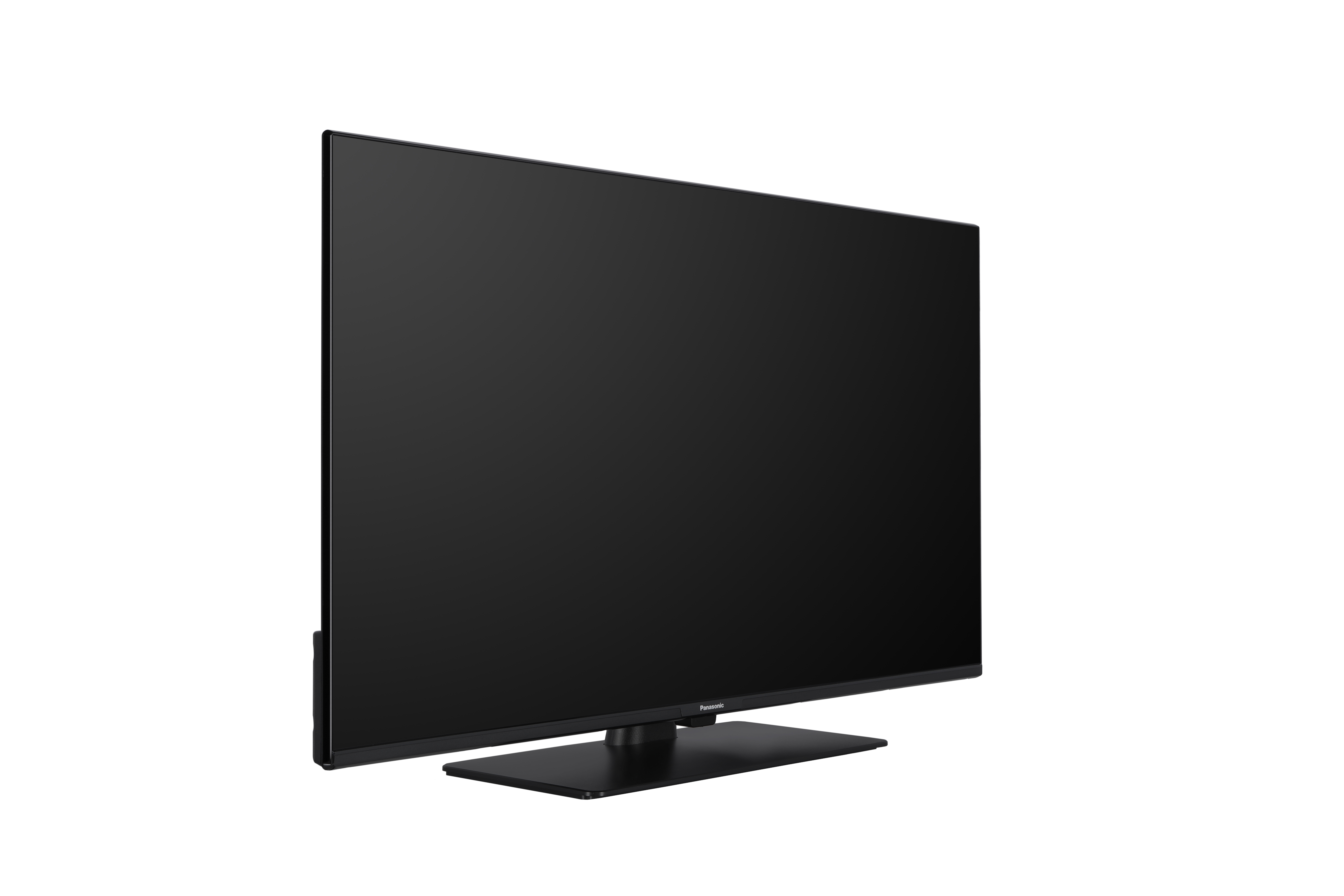 Ein schwarzer Fernseher mit einem schmalen Rahmen und einem rechteckigen Ständer.