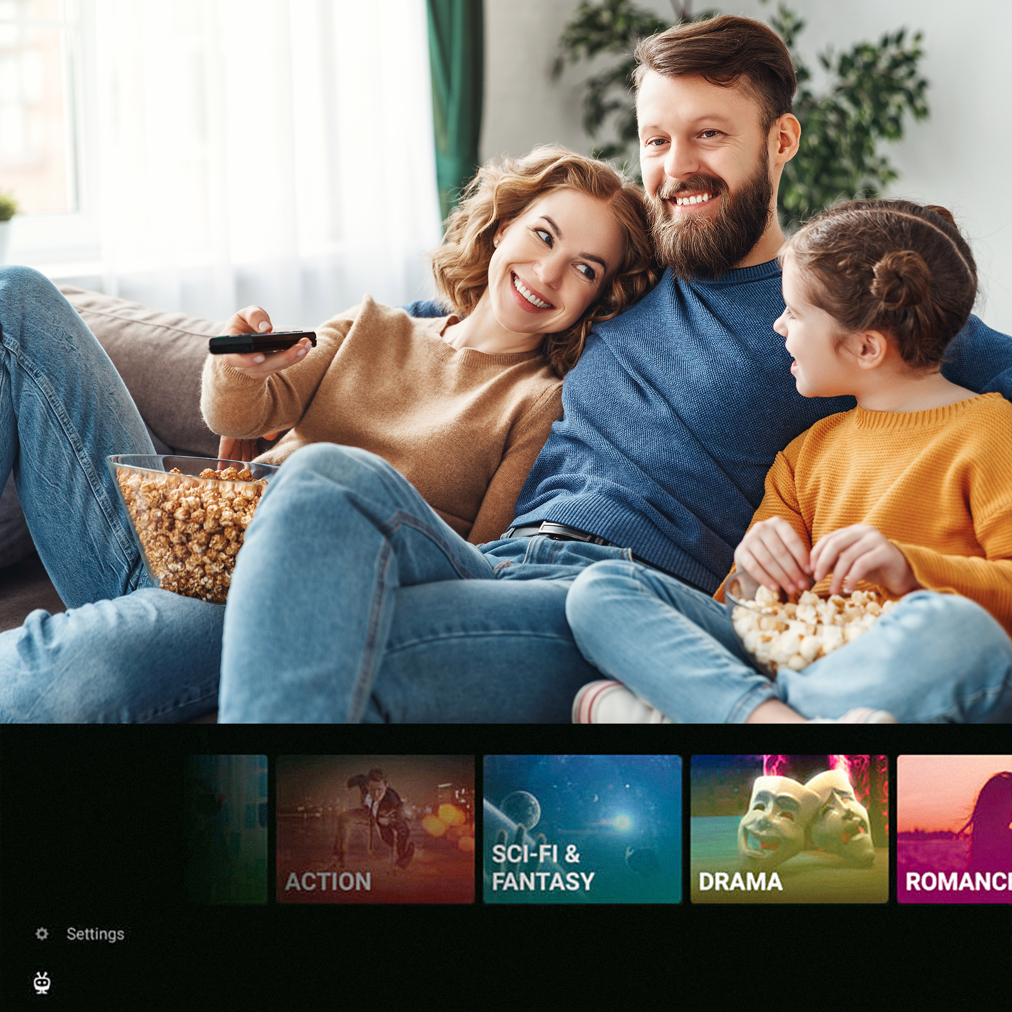 Eine Familie isst Popcorn und schaut fern. Genres sind Action, Sci-Fi, Drama.