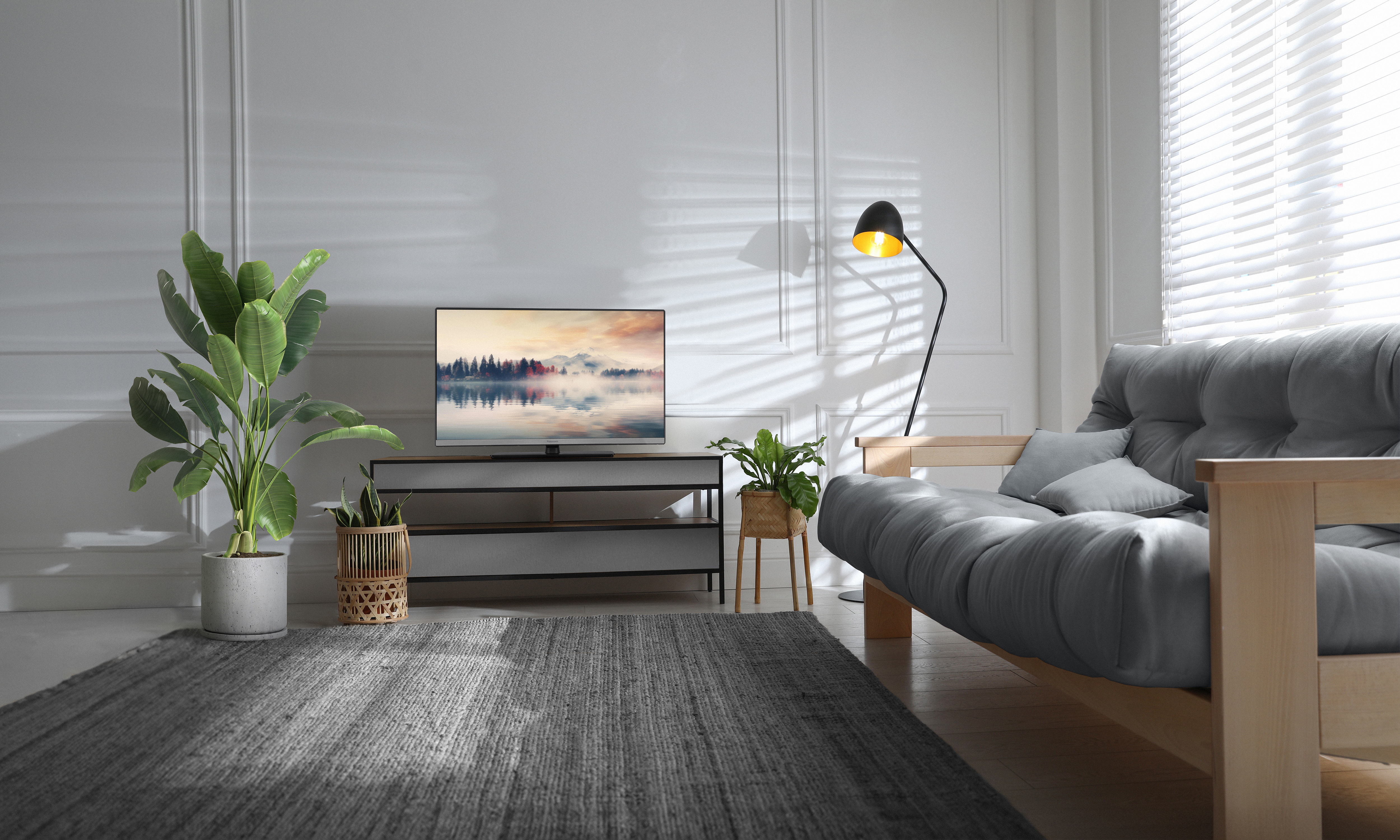 Ein Wohnzimmer mit Sofa, Teppich, Fernseher und Pflanzen.