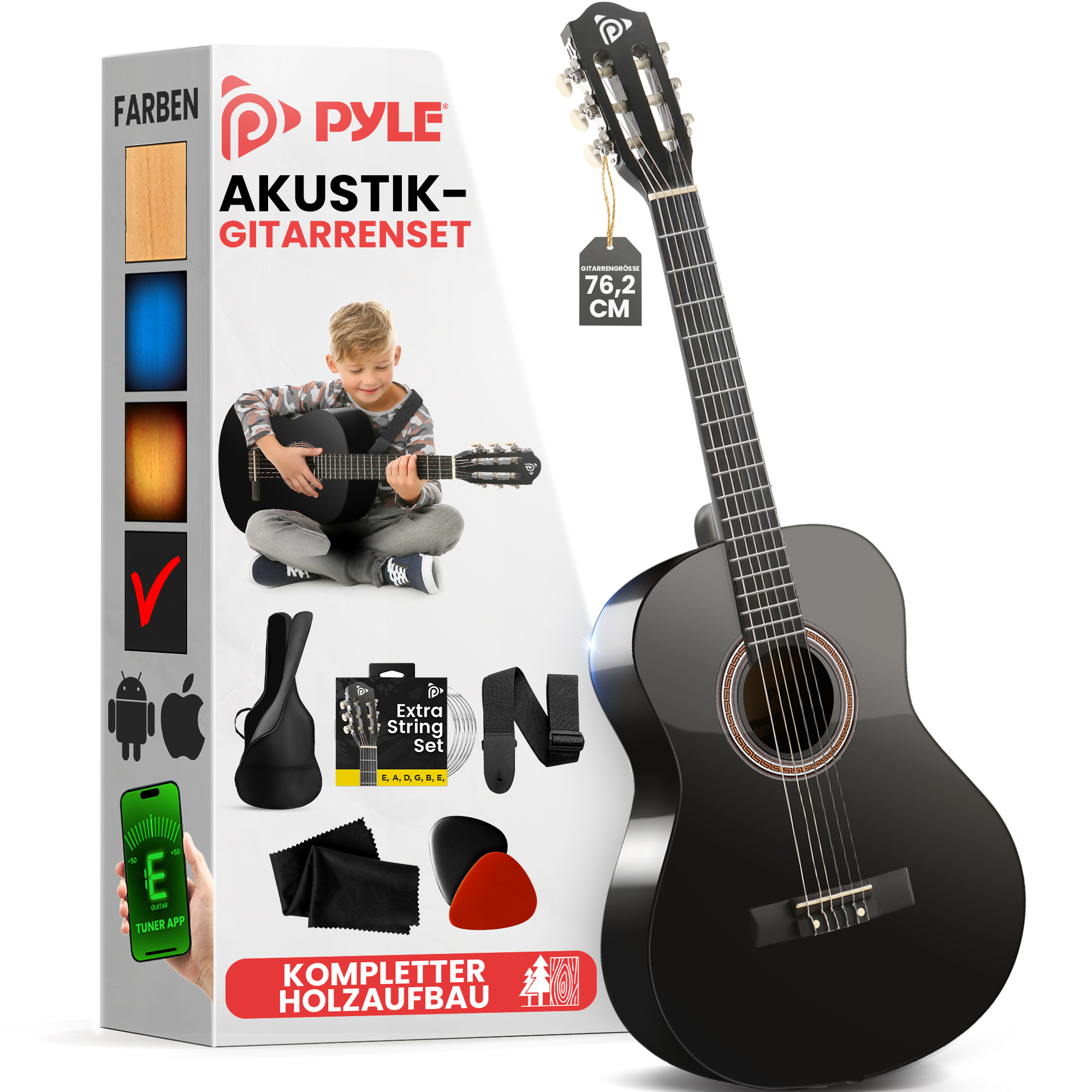 Ein schwarzes Akustikgitarren-Set mit Zubehör und einer Kinderfigur.