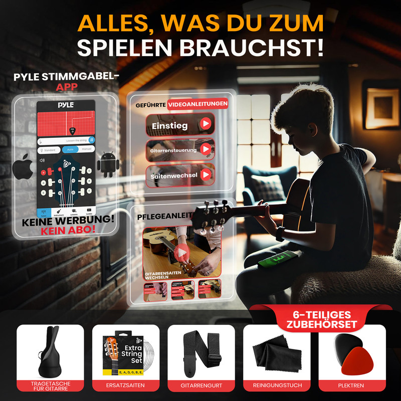 Ein Junge lernt Gitarre spielen mit einer App und Zubehör.