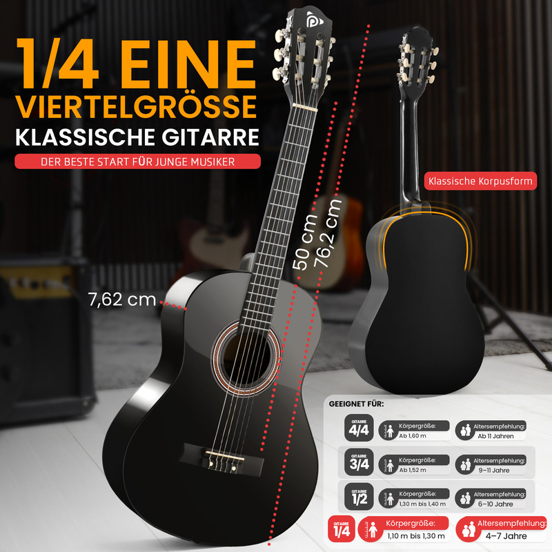 Schwarze klassische Gitarre mit Maßen und Alters-/Größenempfehlungen.