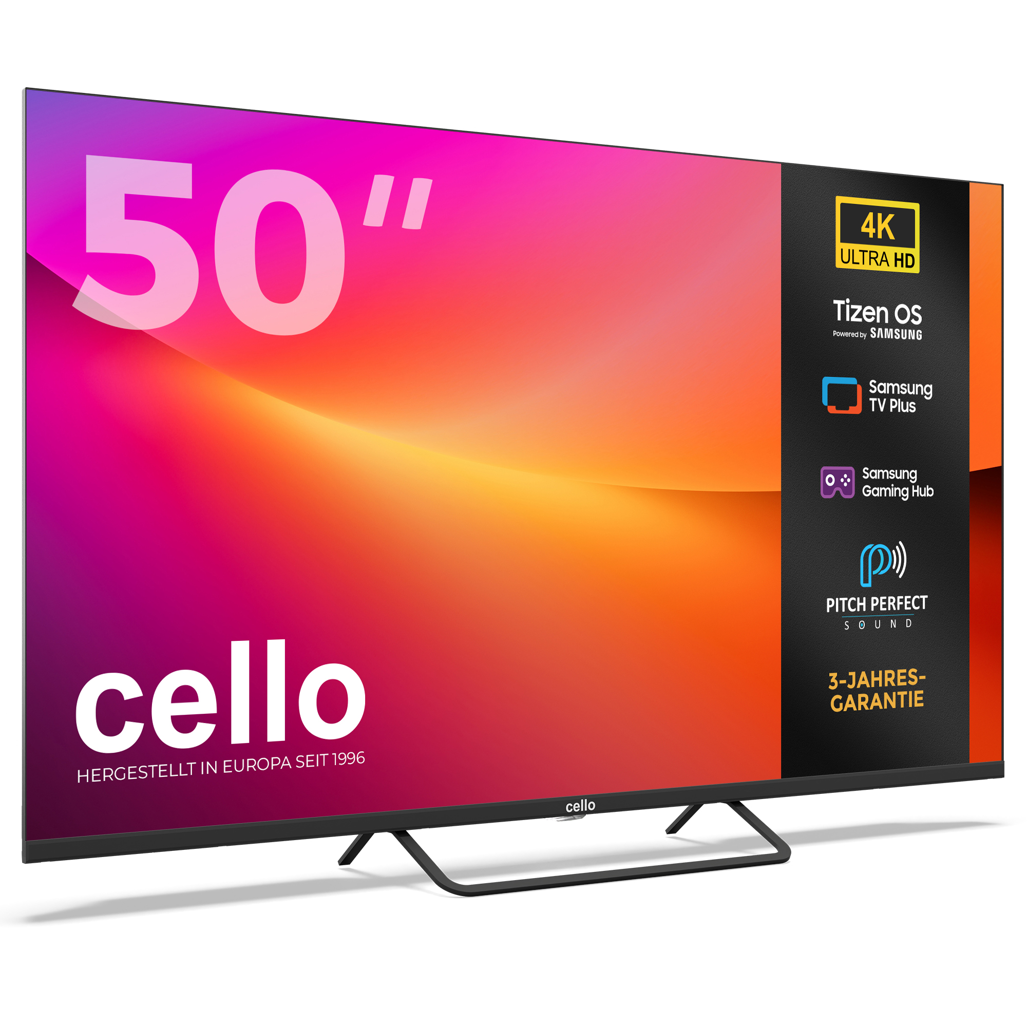 Ein 50-Zoll-Cello-Fernseher mit 4K UHD, Tizen OS, Samsung TV Plus und Gaming Hub.