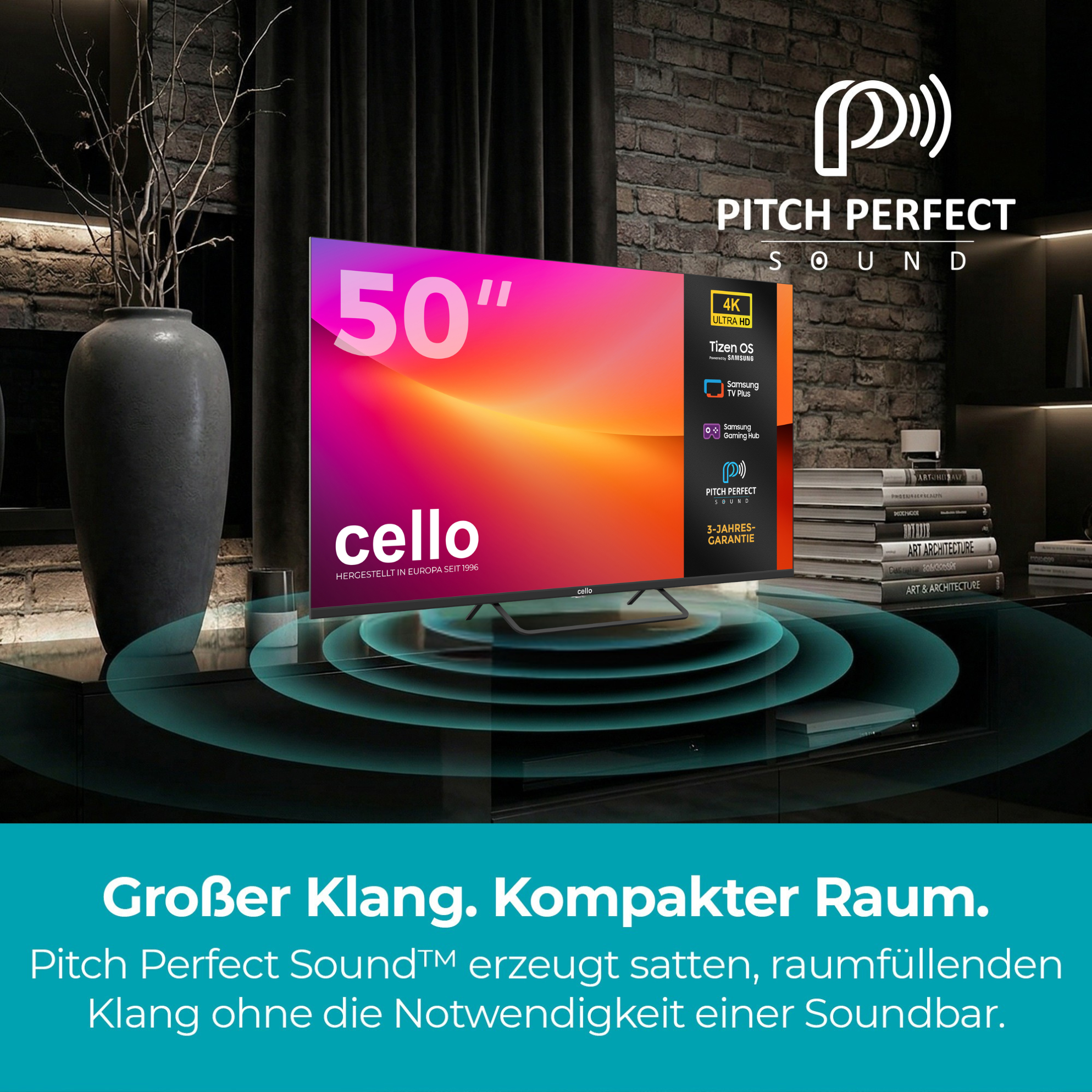 Ein 50-Zoll-Cello-Fernseher mit 4K Ultra HD und Pitch Perfect Sound in einem modernen Wohnzimmer.