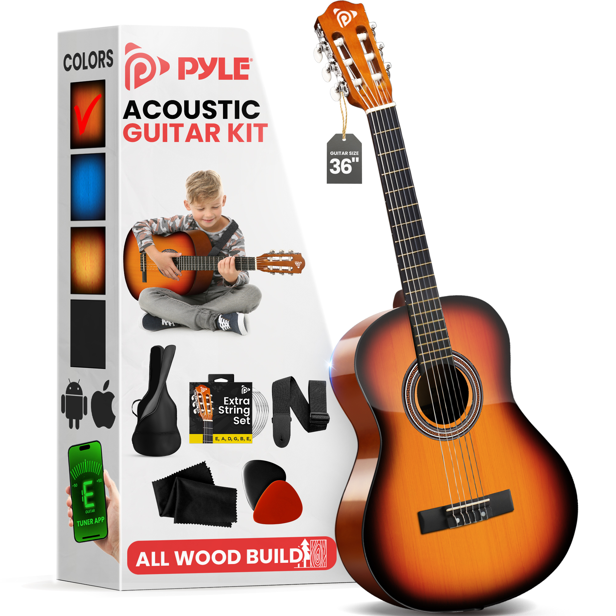Ein 36-Zoll-Gitarrenset mit Gitarre, Tasche, Saiten, Plektren, Tuch und Stimmgerät-App.