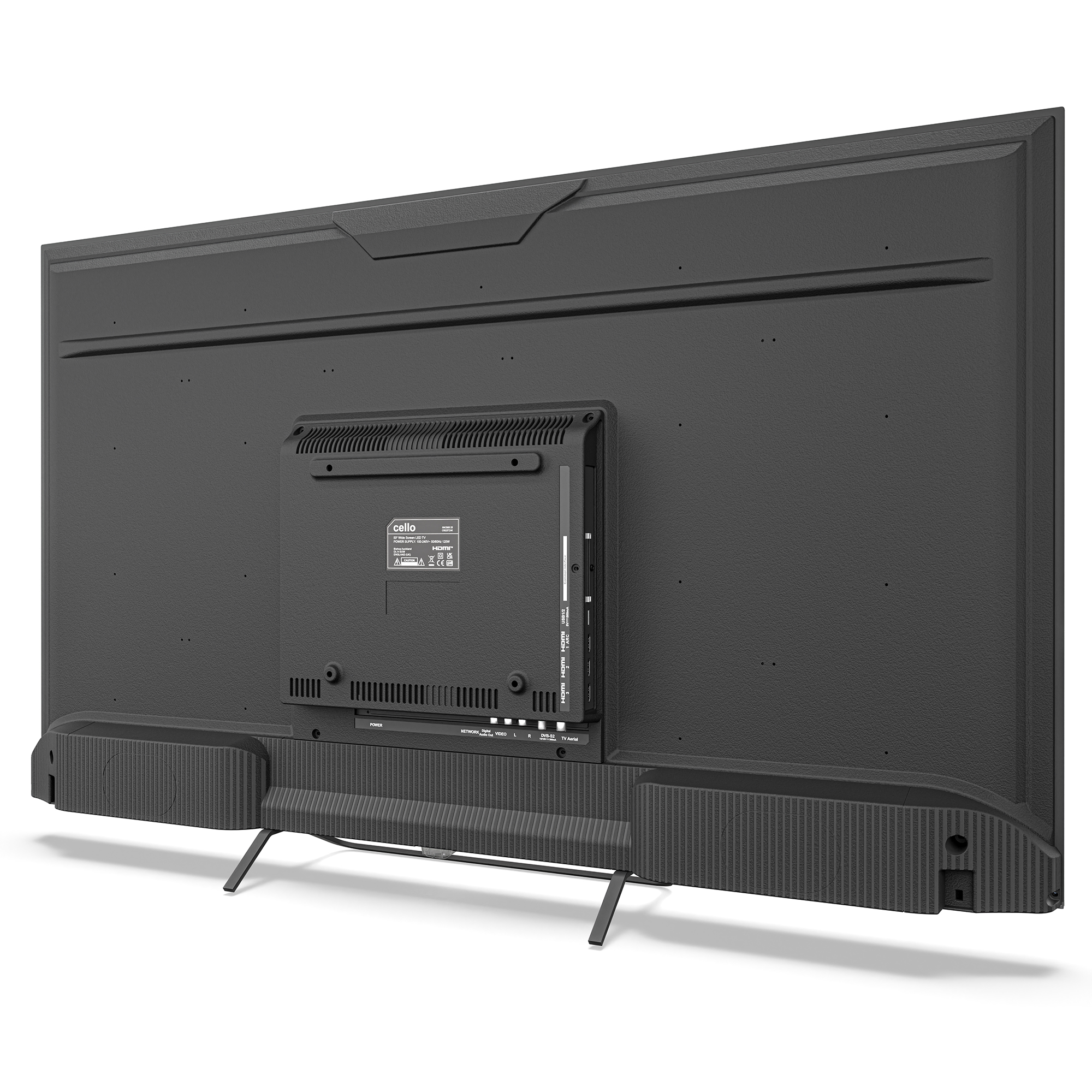Rückseite eines schwarzen Fernsehers mit Anschlüssen und Standfüßen.