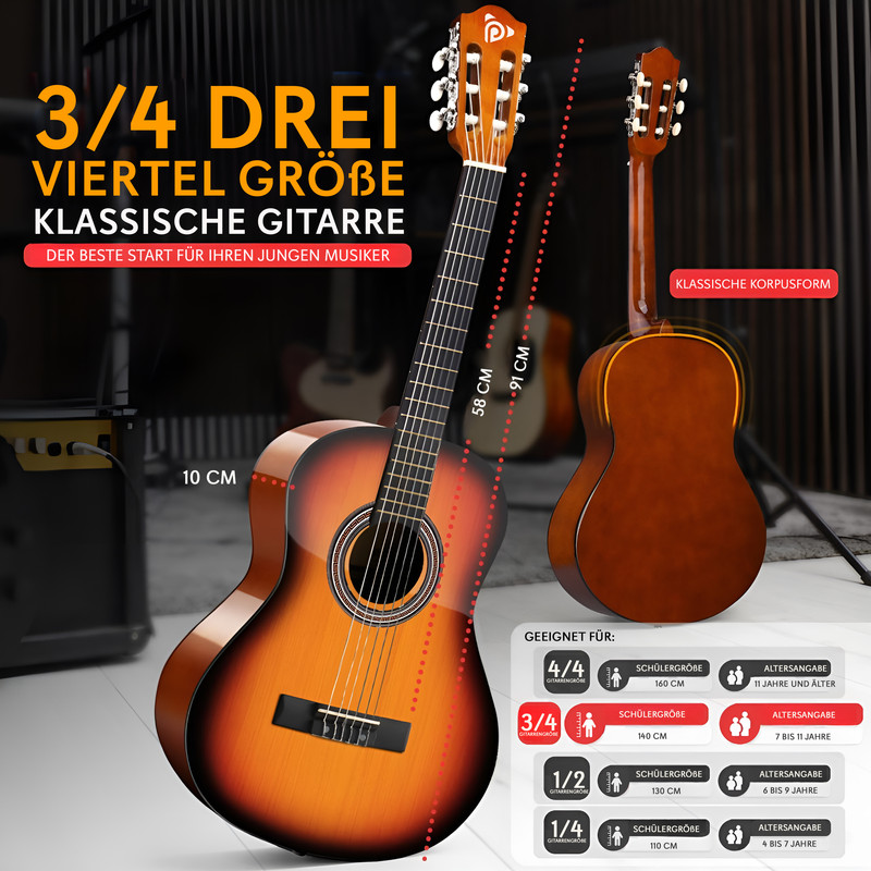 Eine 3/4 klassische Gitarre wird gezeigt, mit Größenangaben und Altersgruppen.