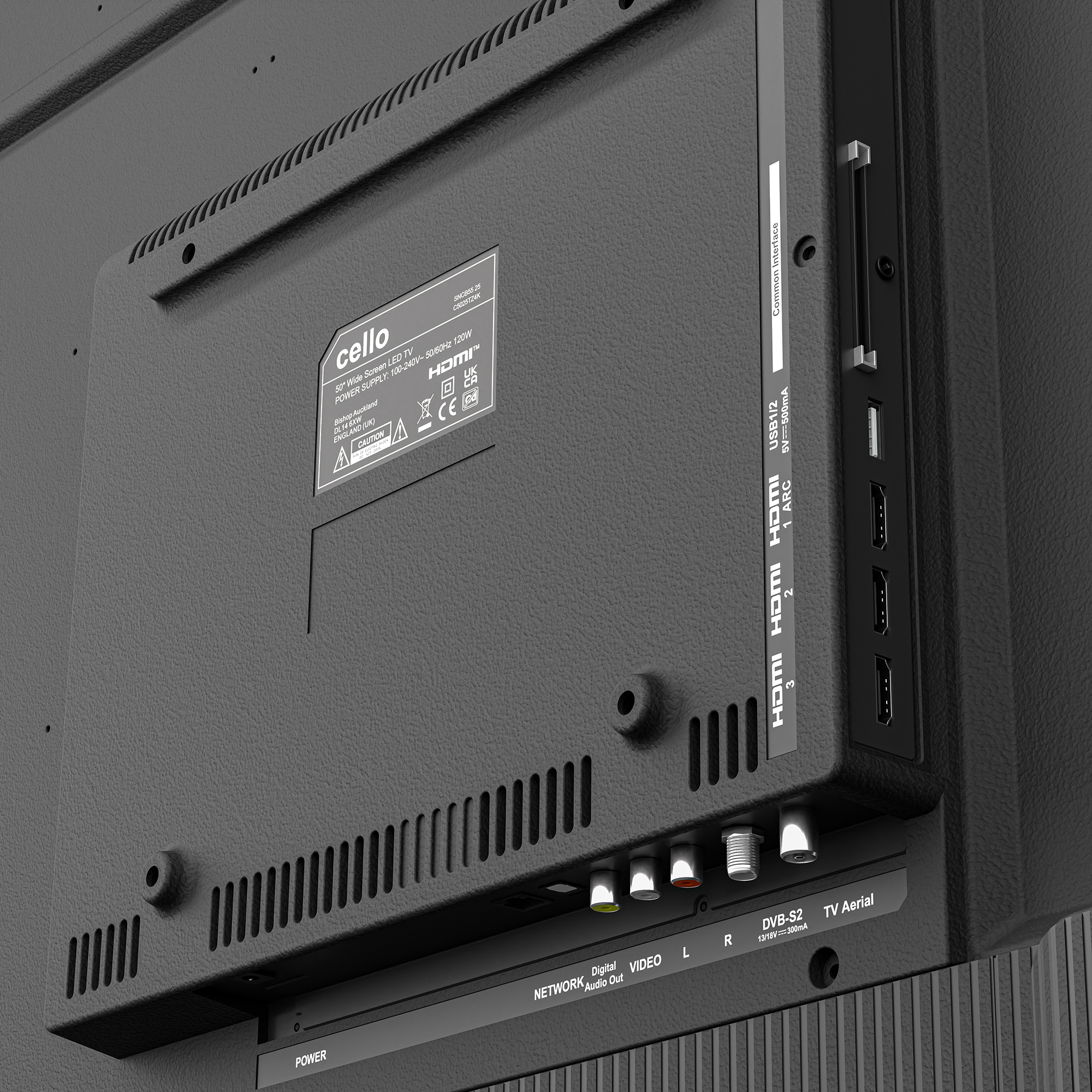 Rückseite eines Fernsehers mit Anschlüssen: HDMI, USB, Antenne, Strom.
