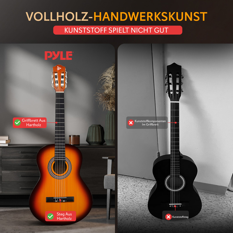 Zwei Gitarren: eine aus Hartholz, die andere mit Kunststoffteilen.