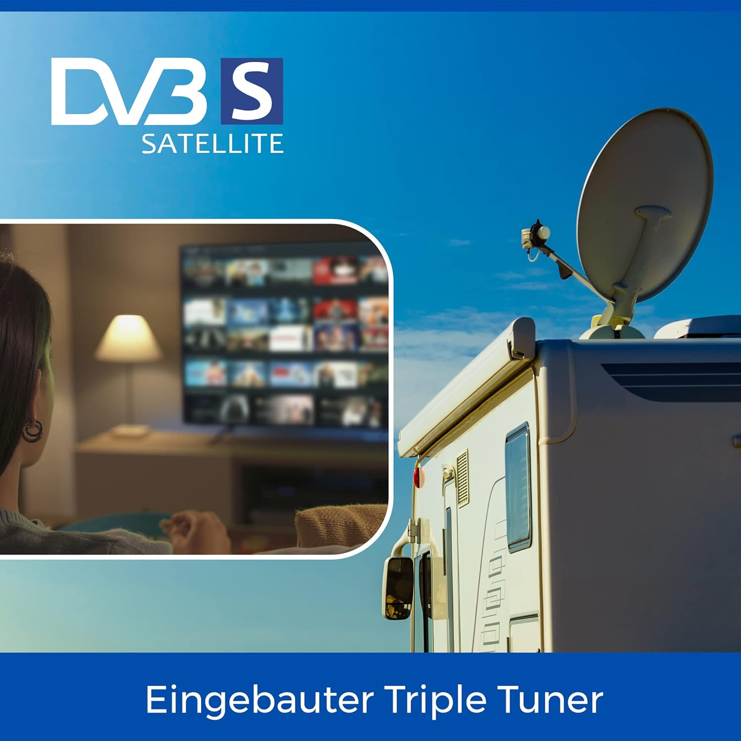 Ein Wohnmobil mit Satellitenschüssel und eine Person, die fernsieht.